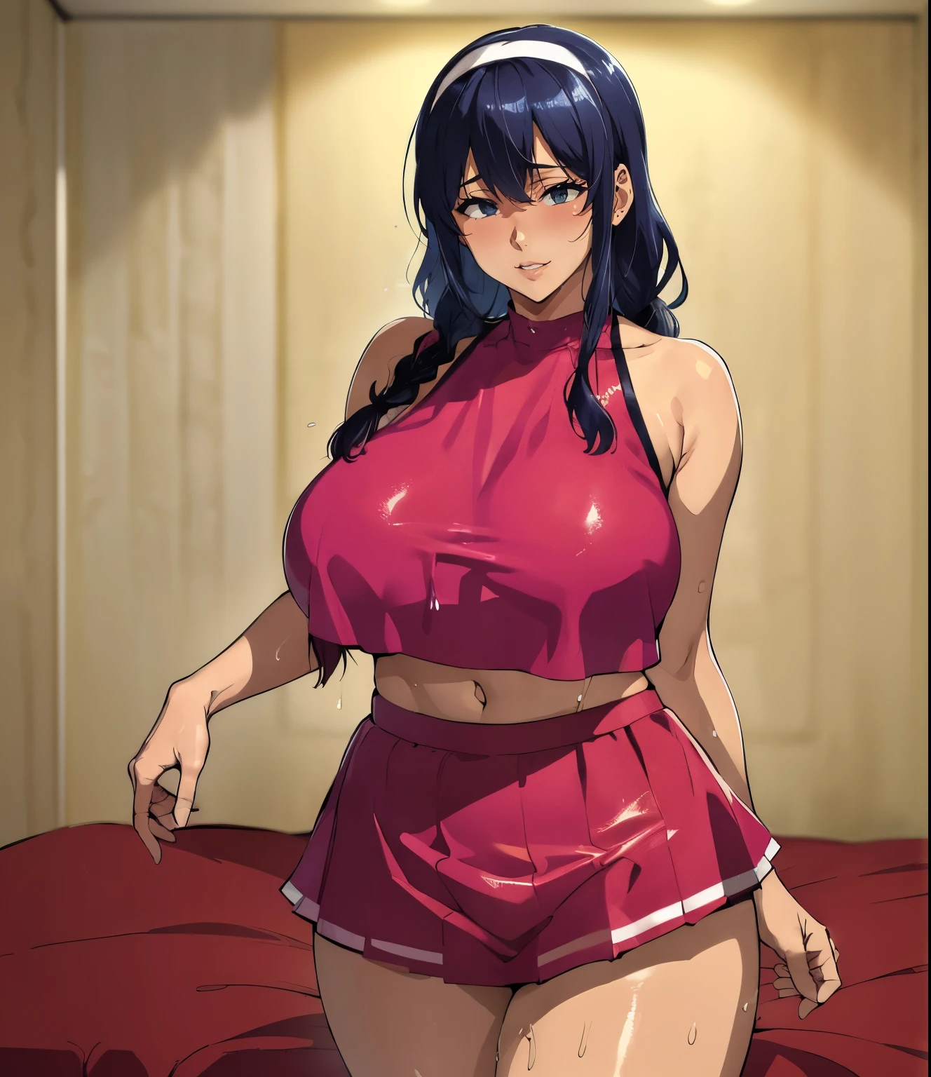 (blur the background:1.5)、(hotel room、bed)、Super detailed illustrations、Super precise expression、masterpiece、highest quality、ultra high resolution、high resolution、(big breasts、Sweat、body fluid、shiny skin:1.3)、(black hair、long hair、Braid、glasses)、(shy face:1.2)、Standing picture、(Cheerleader, heart crop top, mini skirt, bare shoulders, pink skirt,knee socks ),