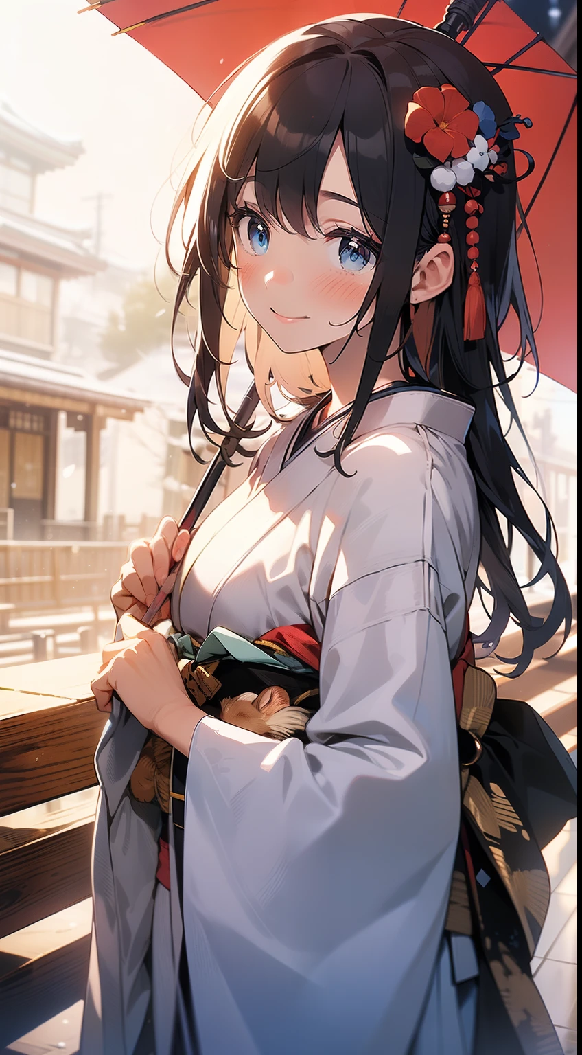 ((masterpiece, best quality, high resolution, ultra high definition, Pixel perfect, depth of field, 4K, RTX, human development report)))See the whole body,Long hair to waist,reddish brown hair,Short Liuhai,blue eyes, blush:1.2, Japanese anime style,Low-cut kimono,bare shoulders,exposing her chest,Smile,Snowy nights,Hold an umbrella and admire the moon