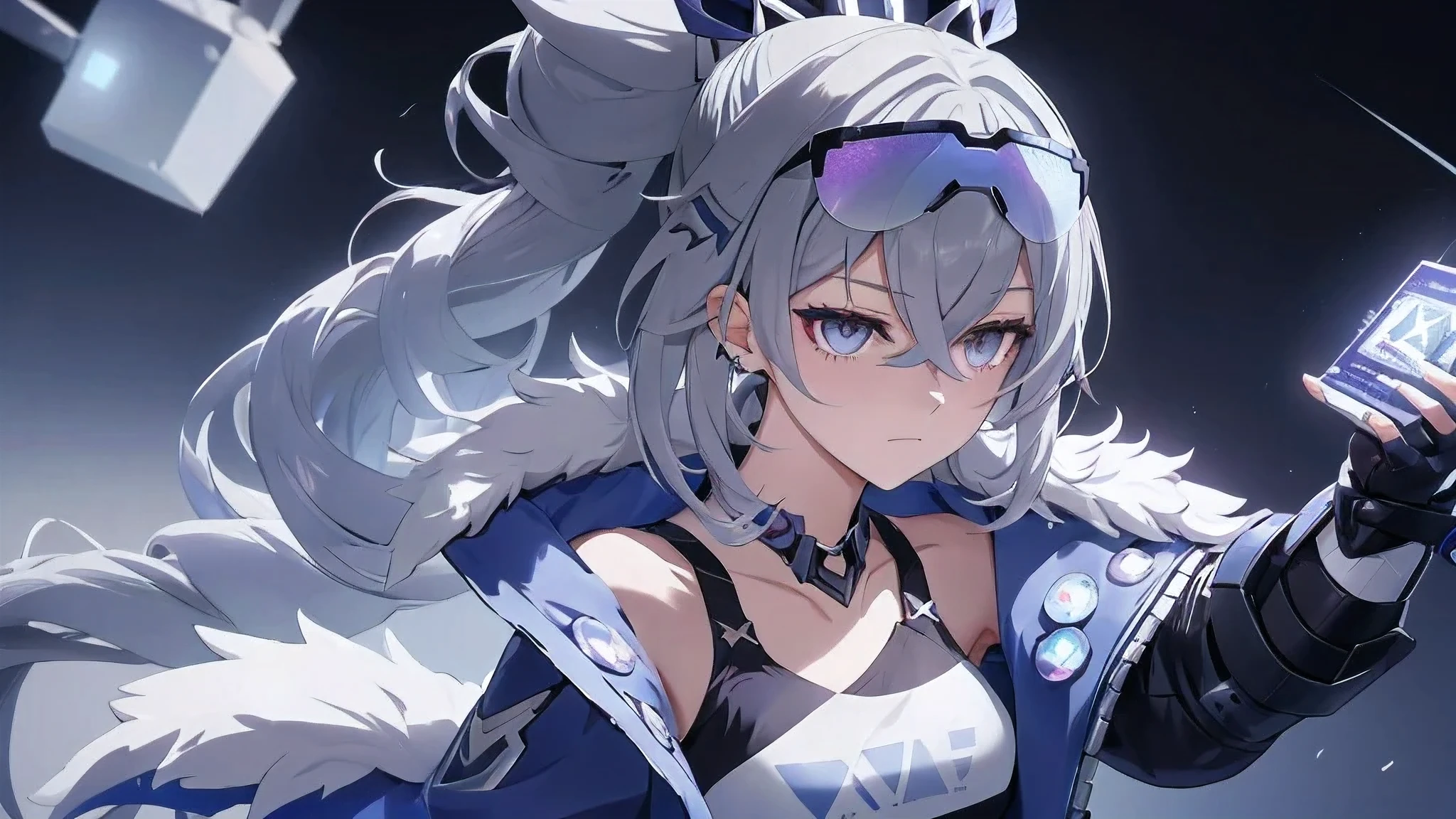 sliver wolf /(honkai:star rail/), grey hair(drill ponytail), fur trim jacket, sunglasses (piercing gaze)(cold expression), beautiful face, beautiful eyes, ultra hd, high resolution, best quality, 8k, top quality, Anime character, game character, girls, video game, silver wolf, honkaistarrail