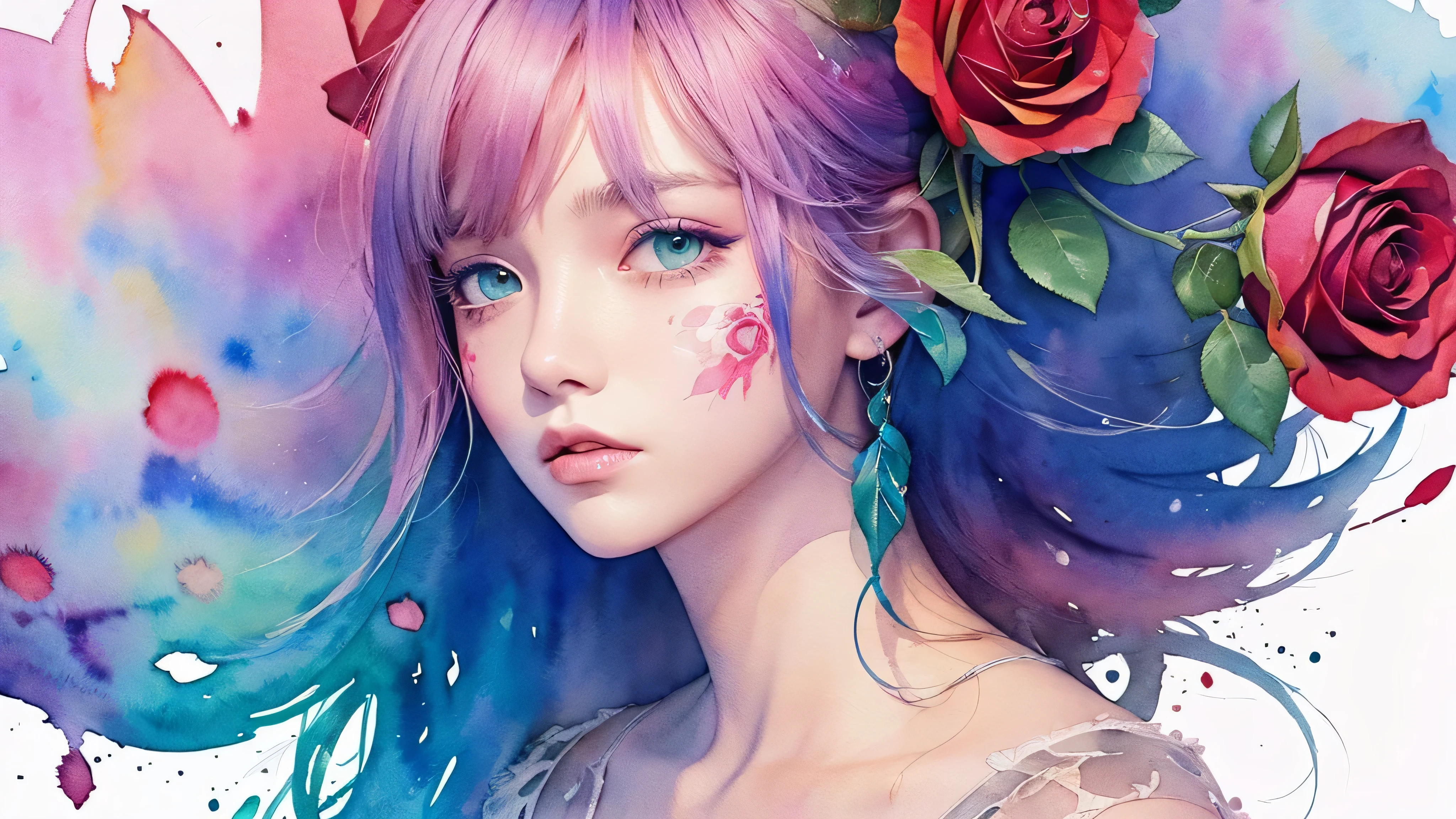 wtrcolor style, (rose) digital art, official art, blown by the wind, masterpiece, beautiful, ((watercolor)), paint splatter, intricate detail. Great detail, [dripping:0.7], Trending on Art station, Rachel Walker