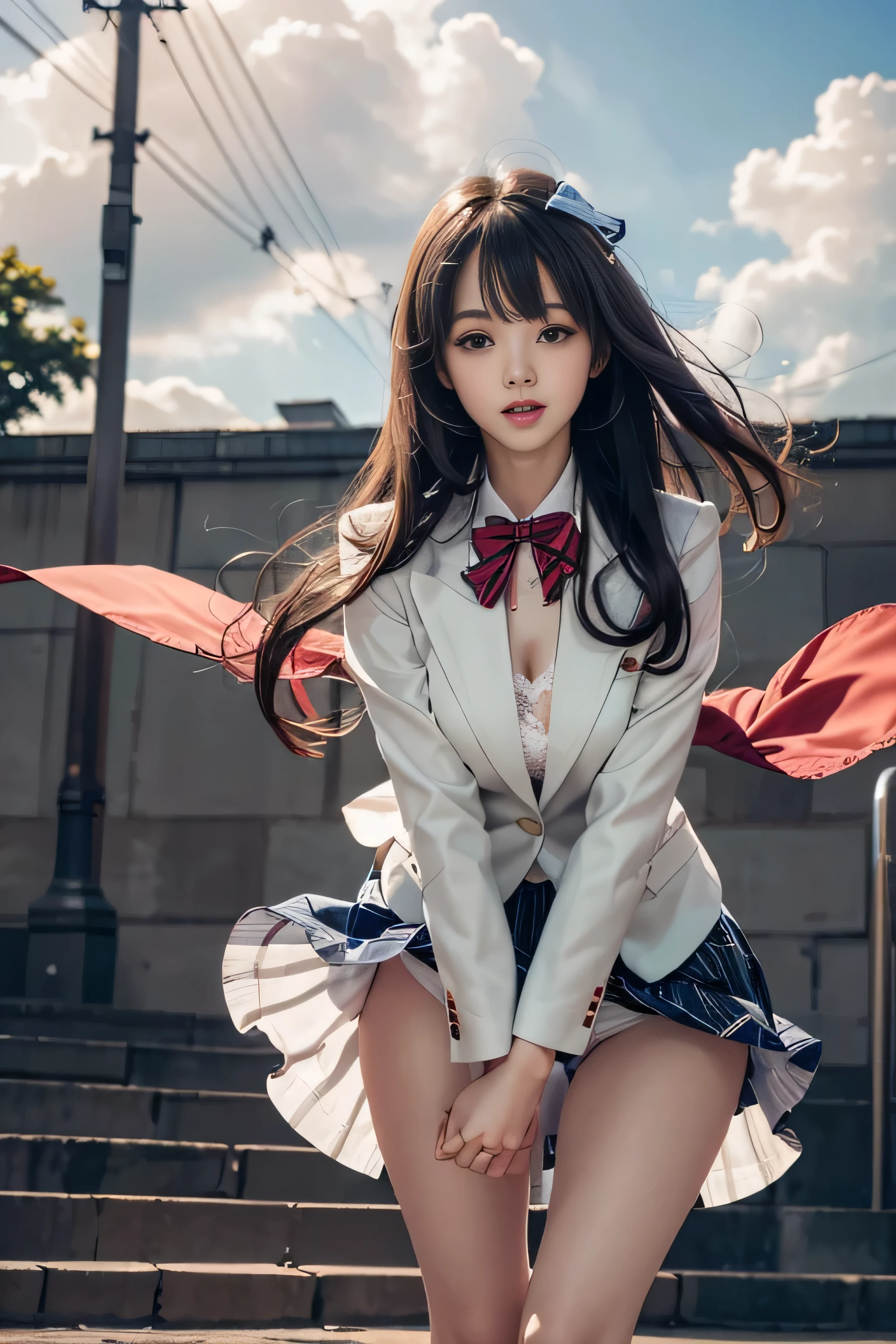 (Girl Standing On School Steps),1 girl, dark blue hair, bangs, long hair, sparkling eyes, long eyelashes, compensate, light smile, Depth of written boundary, one person&#39;perspective, close, from below, wide angle, f/1.8, 135mm, canon, nffsw, retina, table top, Accurate, anatomically correct, rough skin, Super detailed, advanced details, high quality, 最high quality, High resolution, 1080P, 4K, 8K,(学校の階段を上るFemale student),46ポイントの斜めbangs,Female student、((uniform: White blazer with emblem on the chest))、translucent white blouse、(red bow tie)、（( In bright colors,Check stripe)（）、laughter,((Skirt soars in the wind)),((White lace panties are visible))、