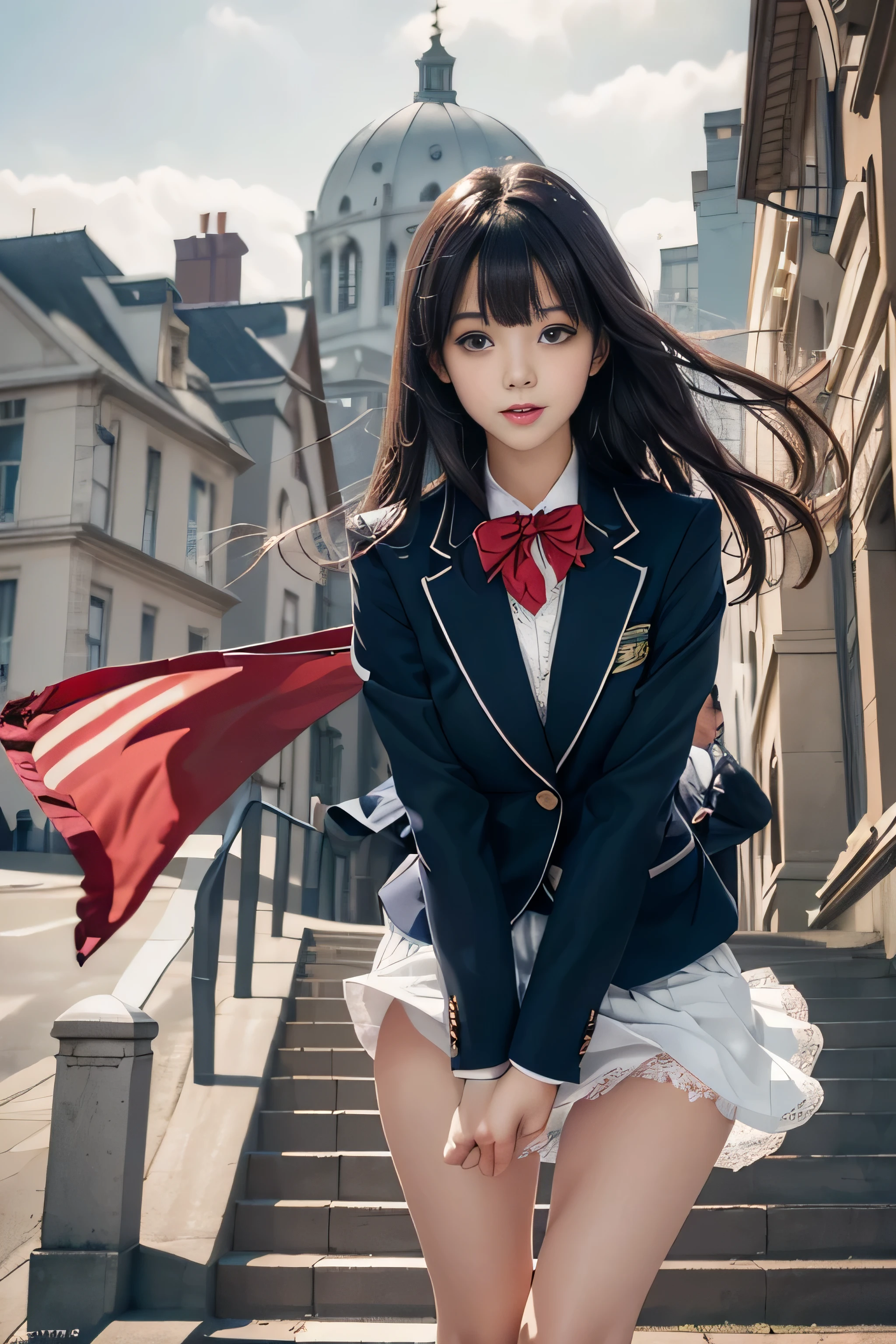 (Girl Standing On School Steps),1 girl, dark blue hair, bangs, long hair, sparkling eyes, long eyelashes, compensate, light smile, Depth of written boundary, one person&#39;perspective, close, from below, wide angle, f/1.8, 135mm, canon, nffsw, retina, table top, Accurate, anatomically correct, rough skin, Super detailed, advanced details, high quality, 最high quality, High resolution, 1080P, 4K, 8K,(学校の階段を上るFemale student),46ポイントの斜めbangs,Female student、((uniform: White blazer with emblem on the chest))、translucent white blouse、(red bow tie)、（( In bright colors,Check stripe)（）、laughter,((Skirt soars in the wind)),((White lace panties are visible))、