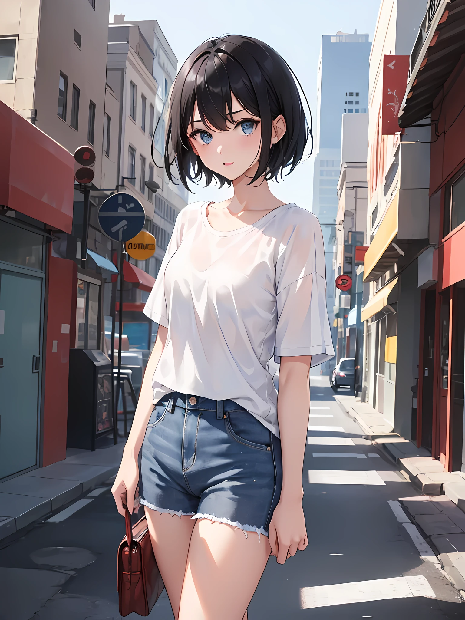 1girl, short black hair, blue eyes, wearing plain white shirt, denim shorts, city, absurdres, high res, ultrasharp, 8K, masterpiece, looking at viewer