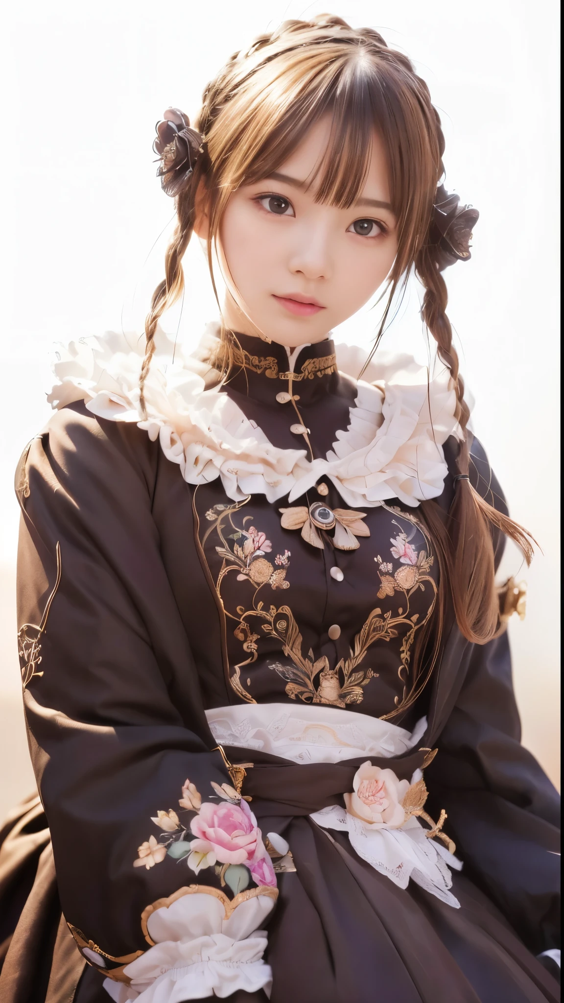 +(((masterpiece))), best quality, ultra-detailed, extremely detailed CG unity 8k wallpaper,best illustration, an extremely delicate and beautiful,floating,high resolution, close up portrait, full body, exquisite facial features, prefect face, 1girl, full body, looking at viewer, solo focus, hair scrunchie, bespectacled, blonde hair, standing, holding a gun, gloves, long sleeves, coat, wrist cuffs, dress shirt, skirt