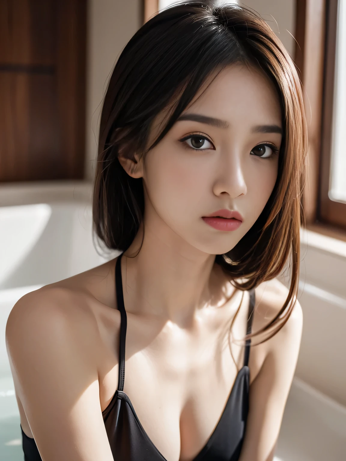 High resolution、Fashion Model、long。Up Hairstyles、、slender body、high nose、sad expression、、wearing a leotard、Clean and clean、eyeliner、Intelligent girl、bathing