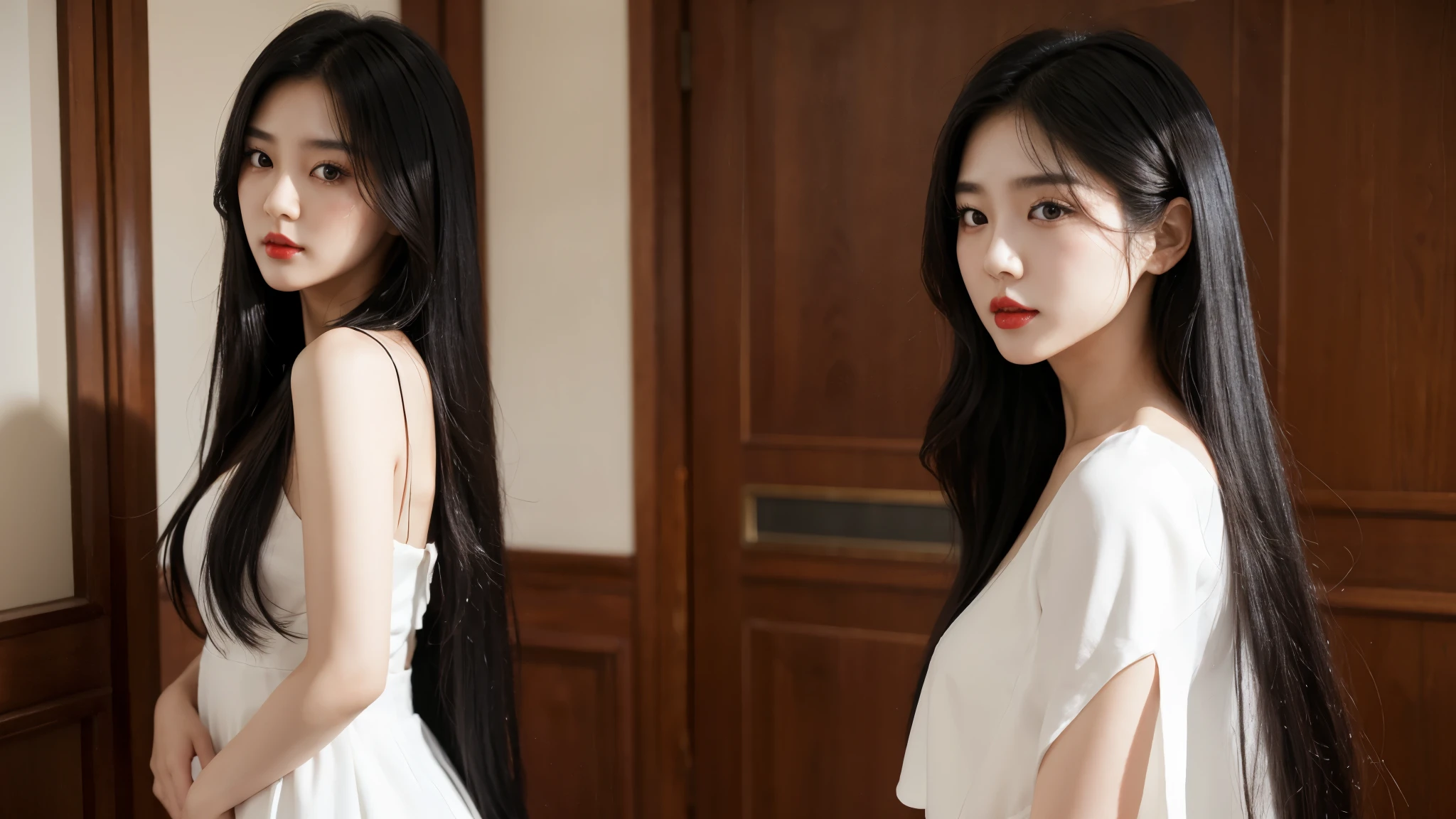Realistic Korean Girl with detailed black long hair with red lips and wearing White Dress and standing