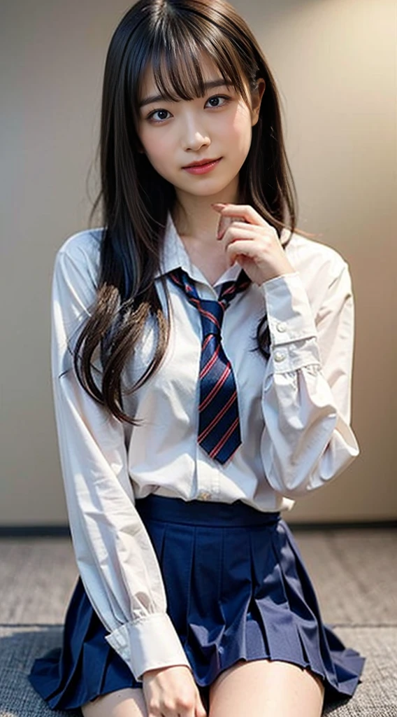 (8K、RAW photo、highest quality、masterpiece:1.2)、(realistic、Photoreal)、40 years、1 girl、I have a mole next to my eye、((White shirt with long sleeves、sailor suit、red tie、Below-the-knee length navy pleated skirt))、（high school girl）、The skirt is rolled up、gal、lots of eyelashes、glitter on eyelids、Dark Red Knee-High Socks、Skeletally correct、thighs open、wavy twintails、cute smile、sweaty body、attractive body beautiful perfect body、V-line emphasis、put your hands behind your head、Beautifully aligned fingertips、