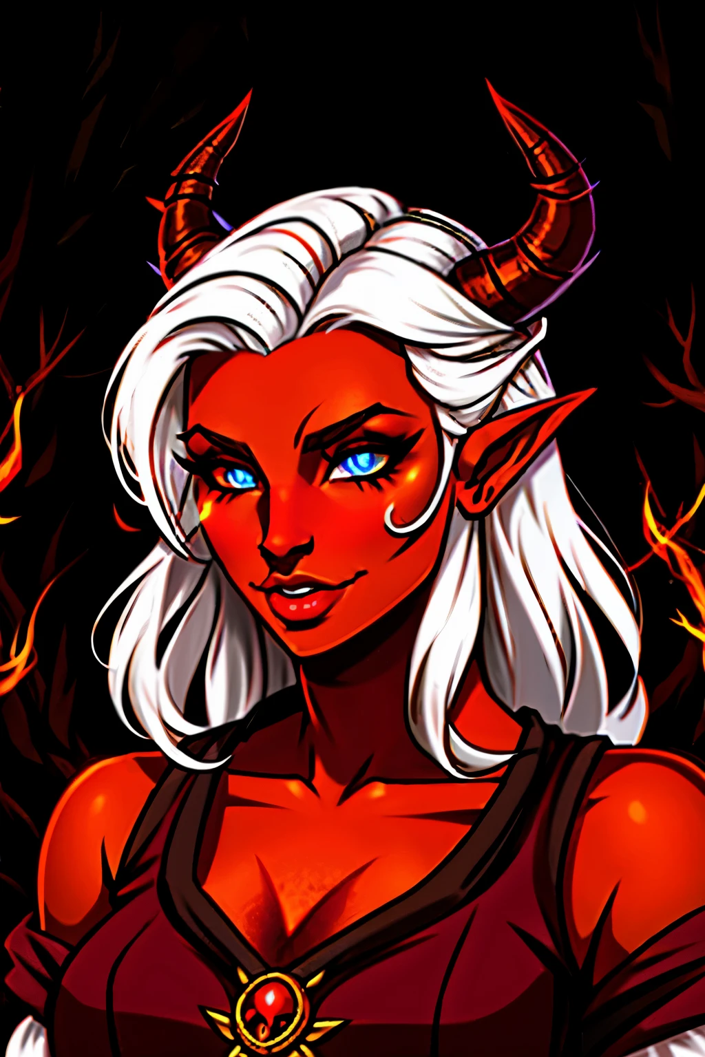 dnd style druid with powers of dream catching Tiefling red skin amber coloured eyes brown horns and white hair