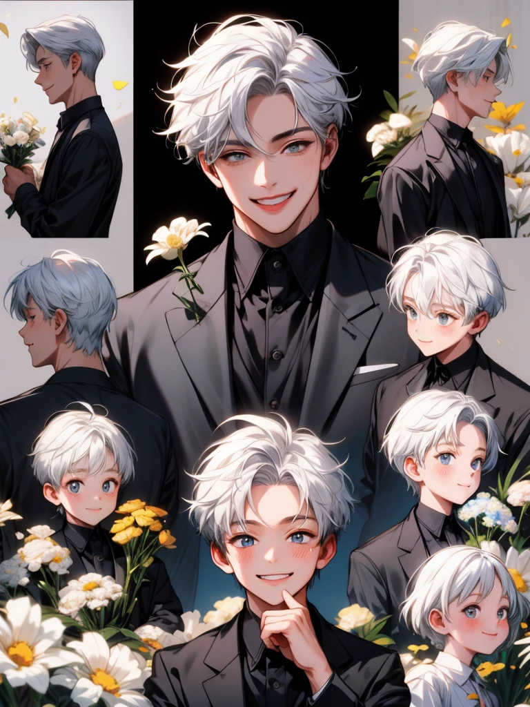 masterpiece, collage of little boy holding flowers, white hair, happy, smile