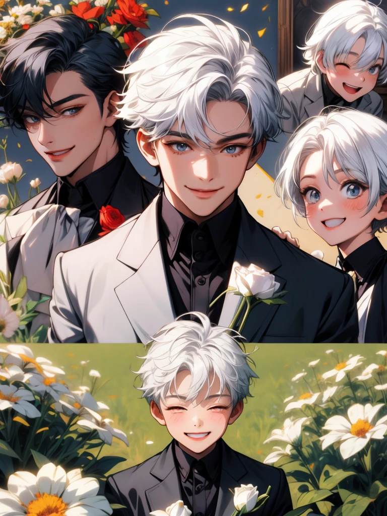 masterpiece, collage of teenage boy holding flowers,  white hair, happy