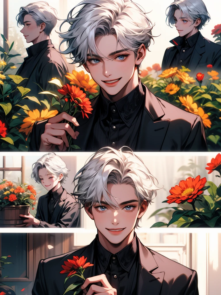 masterpiece, collage of holding flowers, white hair, happy, smile