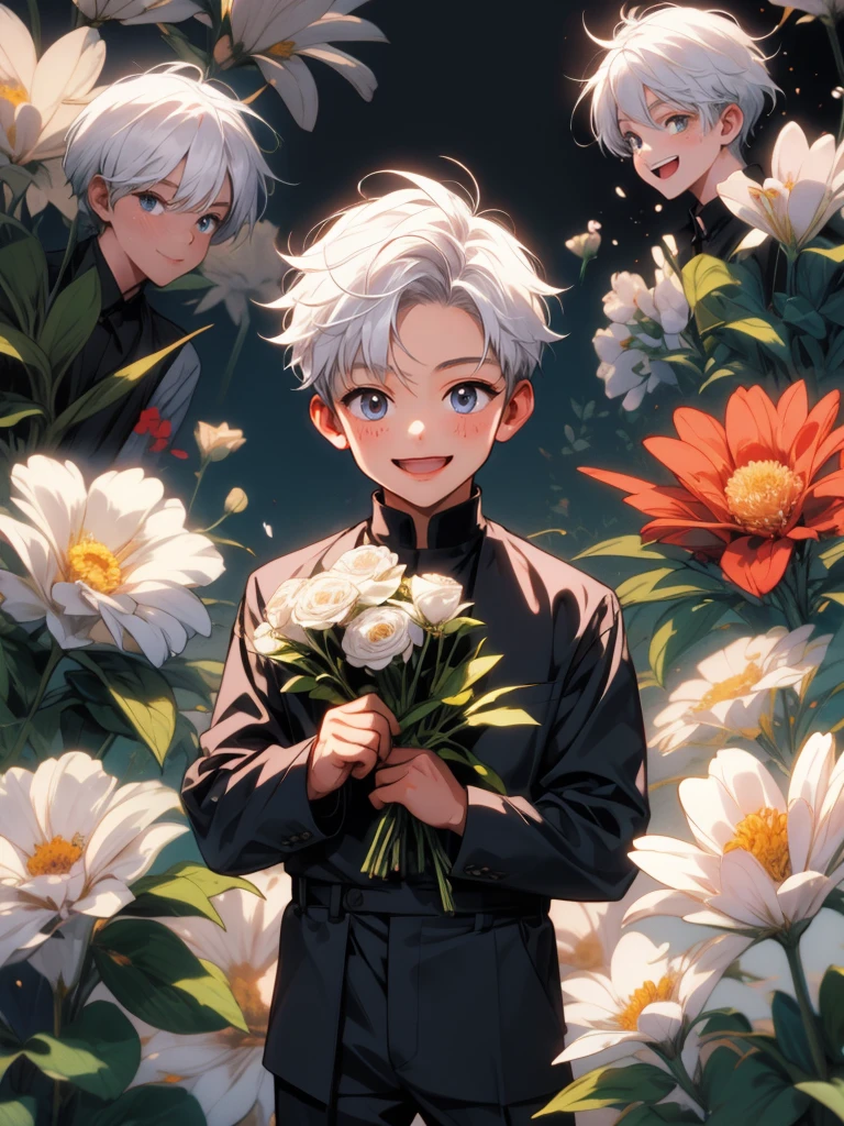 masterpiece, collage of ********** holding flowers,  white hair, happy, smile