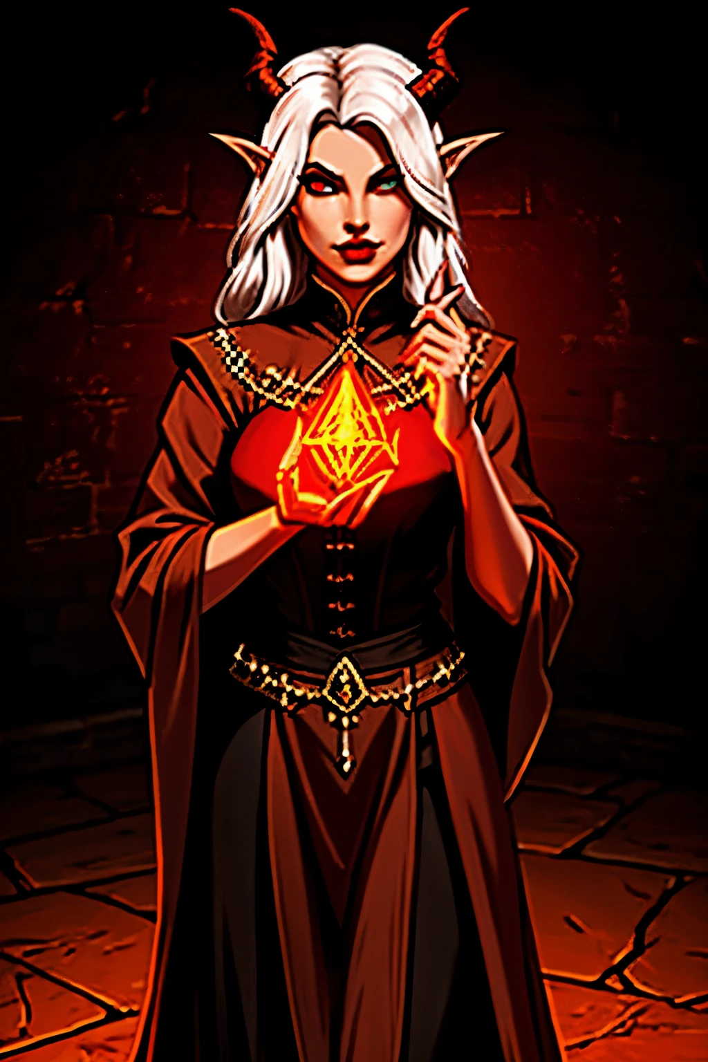 dnd style sorceress with powers of dream catching Tiefling red skin amber colored eyes brown horns and white hair fully clothed in a classic medieval outfit and robe
