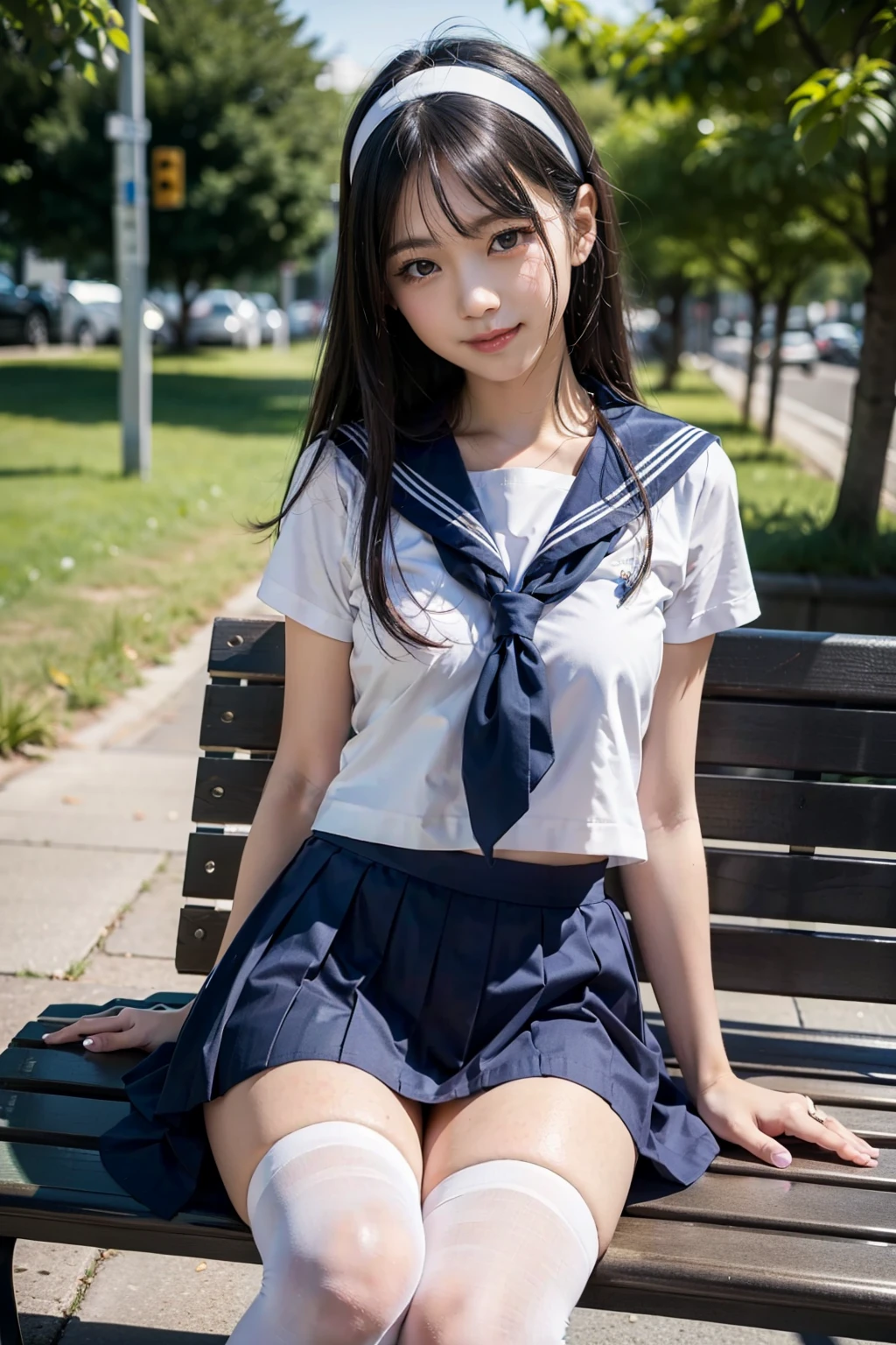 8K, highest quality, masterpiece, Super detailed, ultra high resolution, realistic, RAW photo, absolute resolution, black hair, sailor suit, 紺色のsailor suit, sailor suitを着た女子高生, Dark blue skirt, anime 2d rendering, realistic young anime , ((white headband)), small breasts, expensive, slanted eyes, (school scenery), black stockings, during the day, open your mouth a little, smile, straight hair, long hair, Detailed view of the face, small face compared to body, sit on a park bench, 