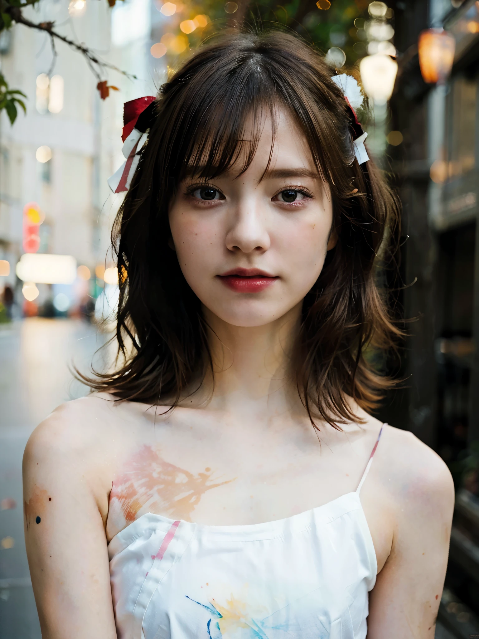 (8k, best quality, masterpiece:1.2),(best quality:1.0), (ultra highres:1.0), watercolor, a beautiful woman, shoulder, hair ribbons, by agnes cecile, half body portrait, extremely luminous bright design, pastel colors, (ink:1.3), autumn lights,