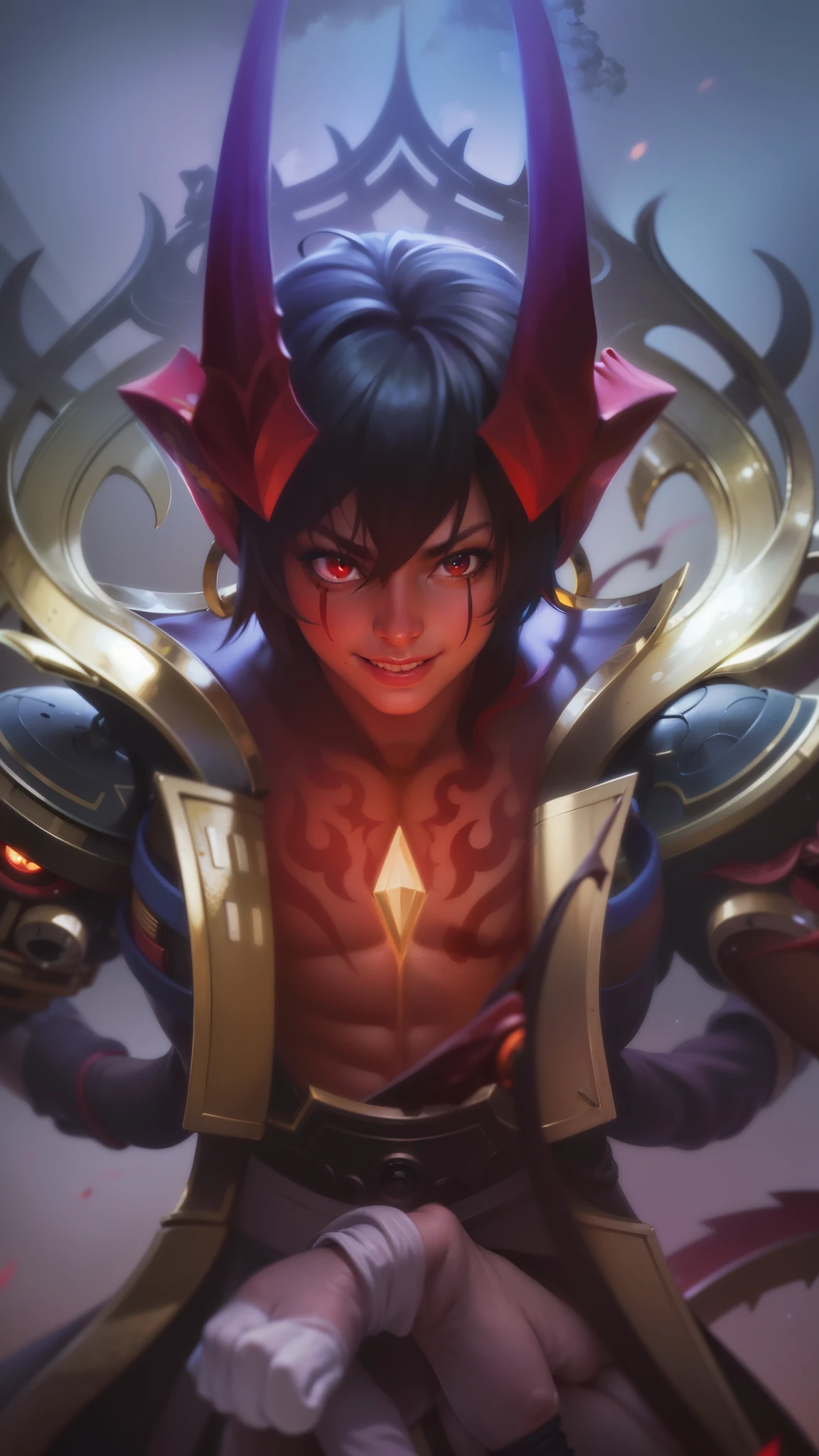 masculine male, masterpiece, ((perfect eyes)) best quality, (semirealism:1.9), beautiful lighting, (extremely detailed CG unity 4k fhd wallpaper), High Detail, Sharp focus, dramatic outdoors, 40 years old, black short hair, red eyes.