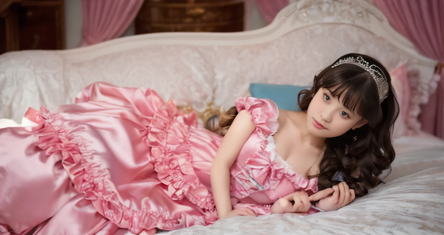 ,highest quality, masterpiece, highest resolution, artwork, super それにget used to it, many get used to it, get used to it, それにget used to it, 3K realistic photos,,((10 year old girl)),Super detailed baby face,She is a princess,Full length ball gown dress with hoop skirt,ruffle yoke collar,puff sleeves,long sleeve,((Lolita style hot pink detailed princess satin dress、Comes with lots of frills and ribbons。)),colorful rococo fashion,shiny satin dress,Soft and smooth fabric,luxury,long blonde hair,blue eyes,white skin european,pajamas,((inside the palace)),,,((  of 10 years old)),Super detailed baby face,Full length ball gown dress with hoop skirt,long skirt,ruffle yoke collar,puff sleeves,腰まで伸びるlong blonde hair,blue eyes,white skin european,pajamas,((inside the palace bedroom)),ピンクのシルクサテンのluxuryなcanopy bedの上,canopy bed,Luxurious curtains on both sides of the bed,many frilly pillows on the bed,super detailed background,Detailed bed,romantic atmosphere,the little princess is on the bed,hug a pink pillow,((((Both legs are hidden in the dress)))),the dress is spread out on the bed,soft pink silk satin comforter,soft silk satin ruffled pillow,Beautiful girl illustration,detailed beautiful face detailed hair,detailed human eye ,detailed mouth, arm details,fine hands,Detailed pillow,