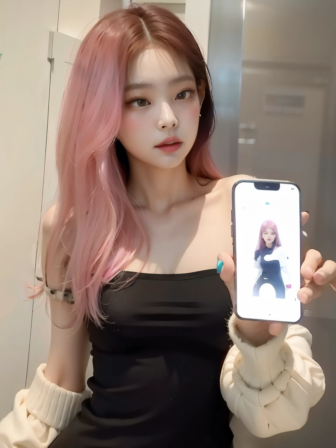 there is a woman with pink hair holding a cell phone, artwork in the style of Guweiz, fotografia selfie 8k, [ arte digital 4k ]!!, Guweiz, retrato de jisoo blackpink, Modelo IG | artegerm,  coreana, Ulzzang, Retrato de Jossi do Blackpink, inspirado em Sim Sa-jeong, Jisoo do Blackpink