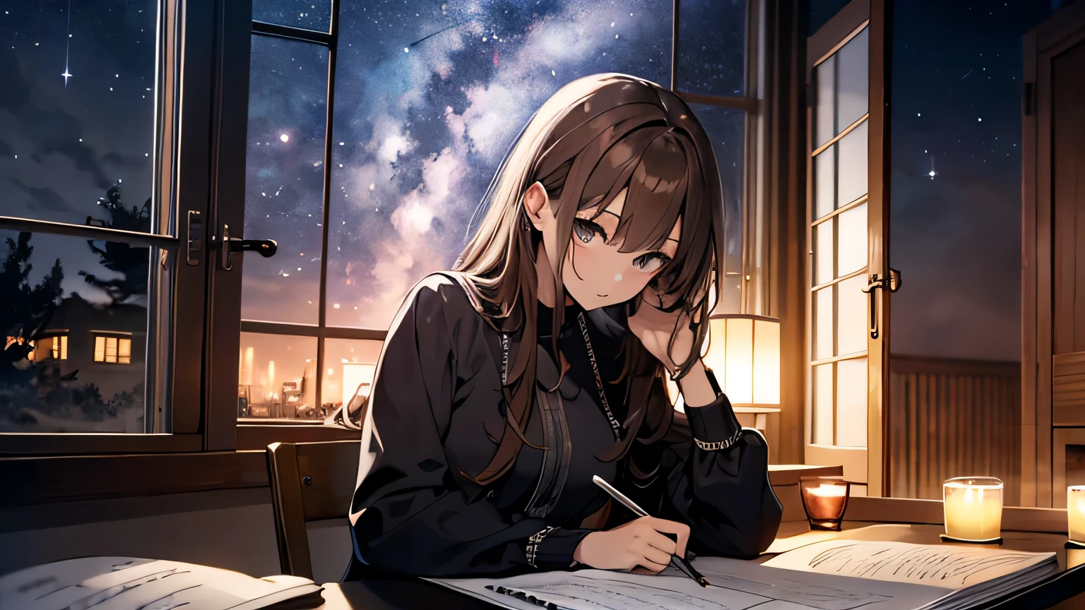 by night study relax on the desk One'Home full shot fantasy brown hair warm light large closed window shooting star