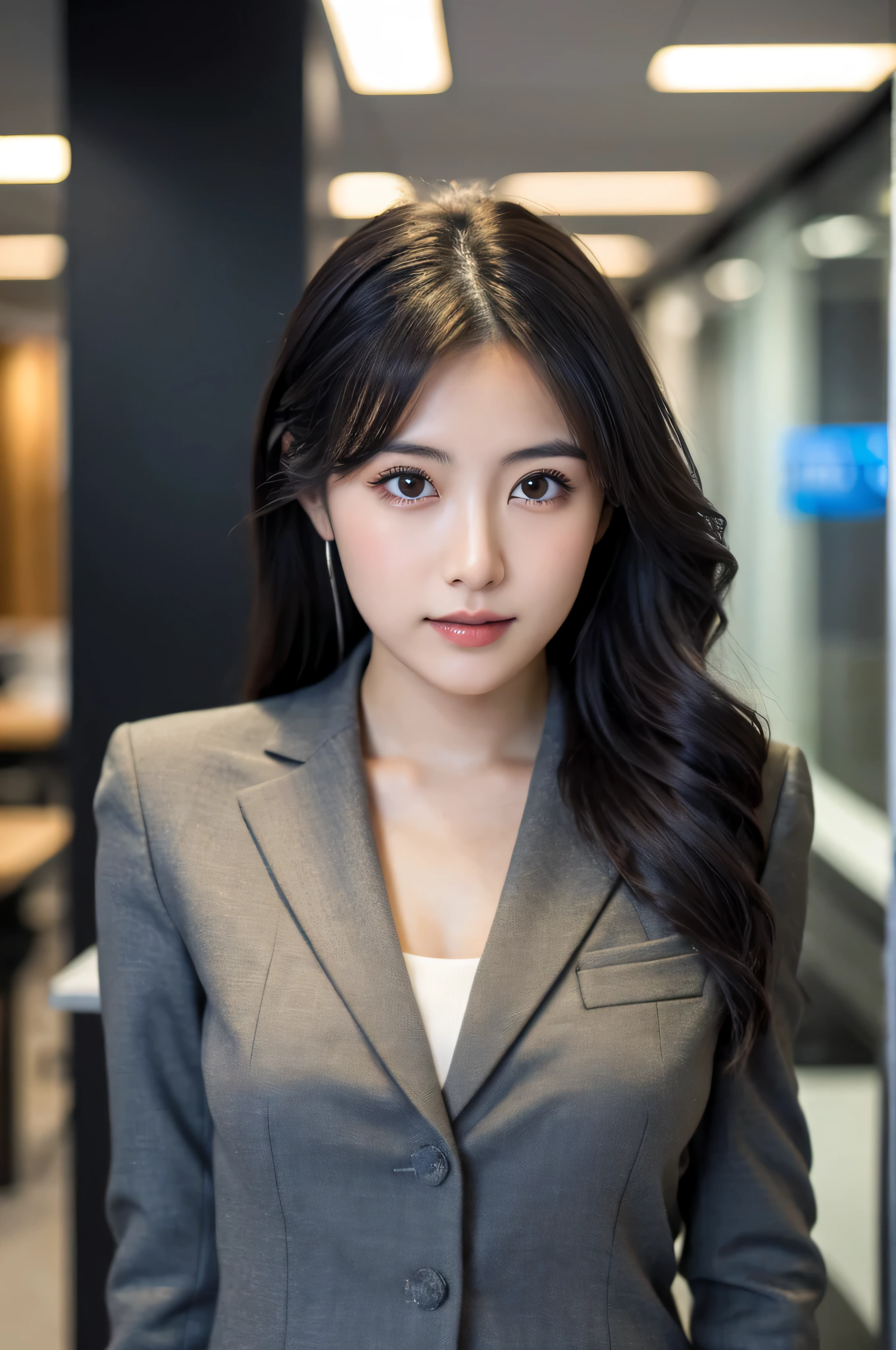 (highest quality, 8K, 32K, masterpiece, UHD: 1.2), 1 girl, beautiful japanese woman, thinウエスト,casual , detailed face, black hair, long hair, droopy eyes, thin, show your whole body, detailed fingertips, one woman, alone, dark tone business wear,office background,24-years-old