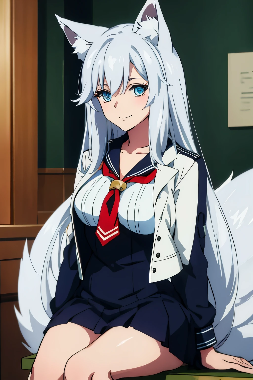 medium tits, teenage, best quality, (masterpiece:1.2), highly detailed, street, sailor uniform
1girl, looking at viewer, slight smile, blue eyes, medium hair, indoor, silver hair, fox ears, fox tails