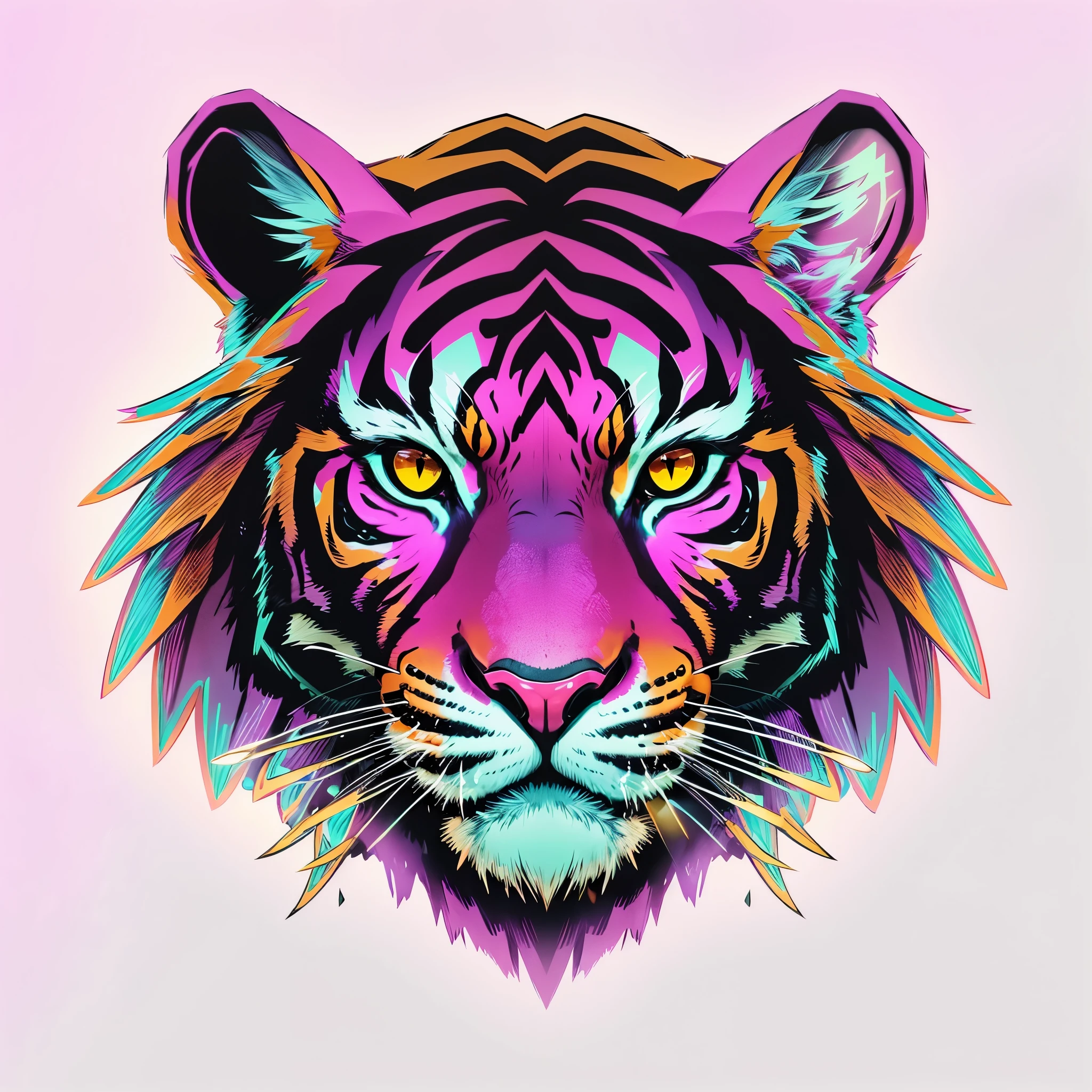 Generate vector tiger logo with a neon glow, tiger face, neon art style, vector tiger, beautiful vector art, tiger, ultraviolet and neon colors, tiger_beast, neon color bleed, ((tiger)), neon digital art, psychedelic black light style, ((pink and purple colors, green and yellow color)), High quality, 8k, very detailed, ((black background))