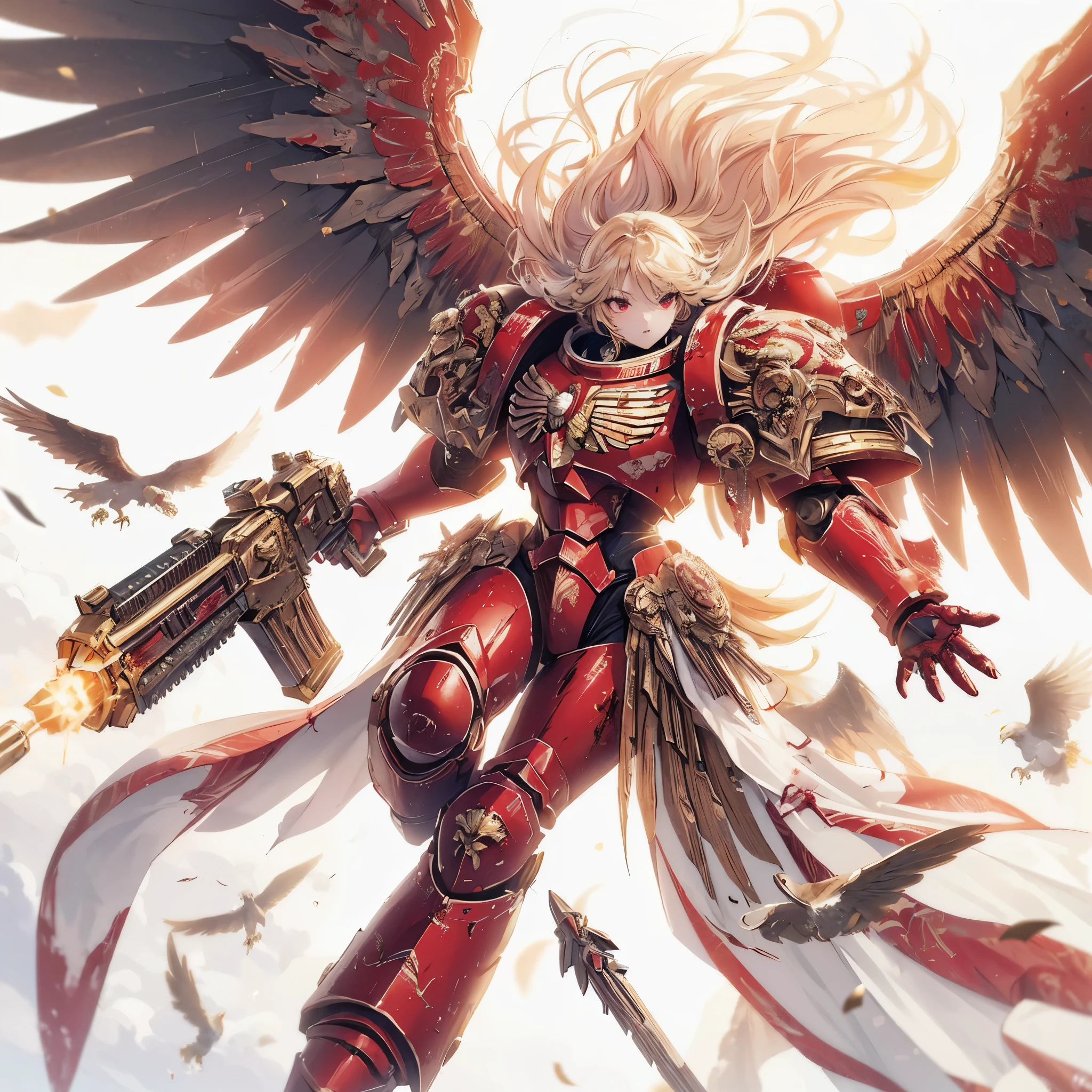 Masterpiece, best quality, ultra-detailed, anime style, solo, full body of space marine girl, Blood red power armor, eagle wings spread, blond long hair, blood red eyes, golden spear raised, Warhammer 40K,8k high resolution, trending art station, white background, whole body, flying in battle field sky.
