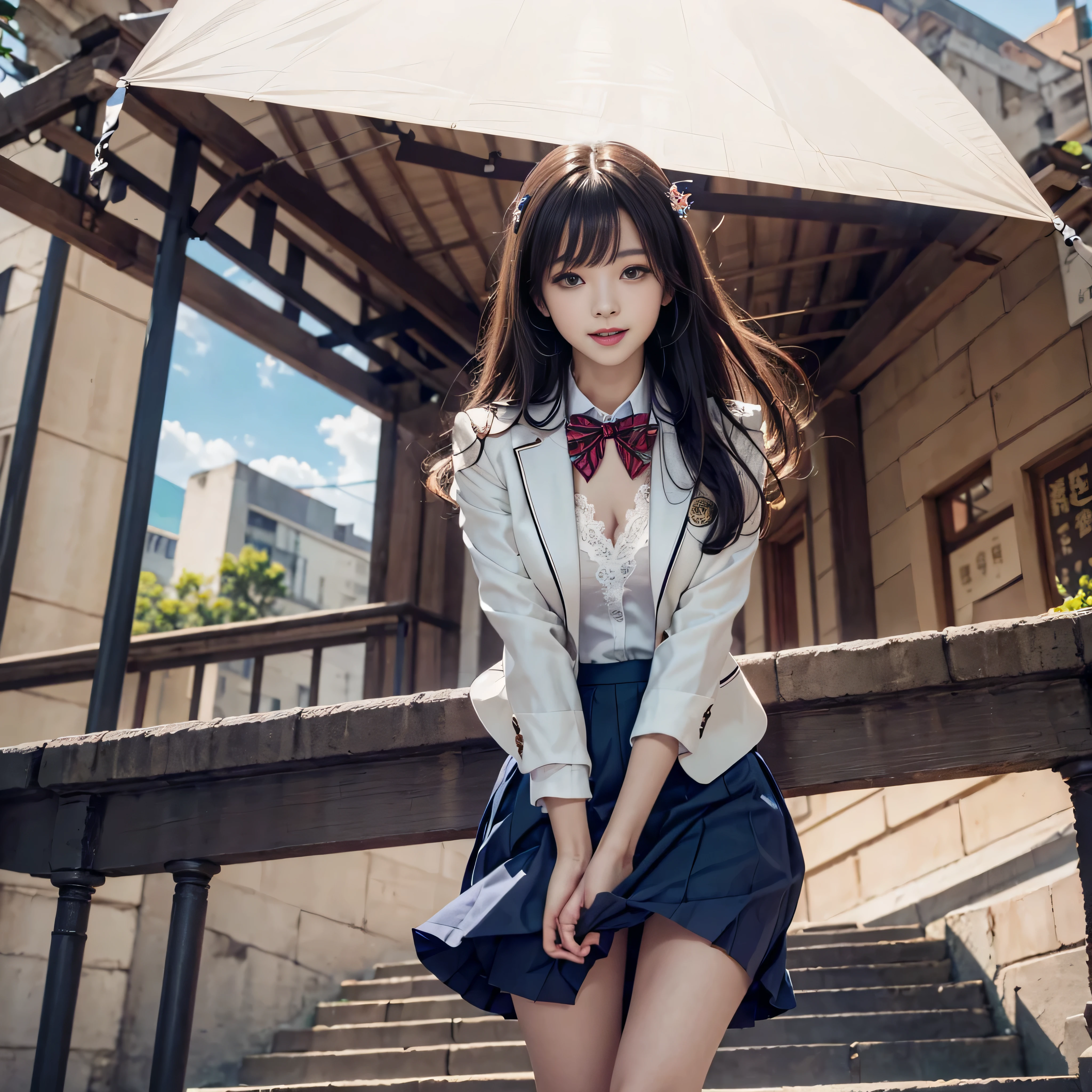 (Girl Standing On School Steps),1 girl, dark blue hair, bangs, long hair, sparkling eyes, long eyelashes, compensate, light smile, Depth of written boundary, one person&#39;perspective, close, from below, wide angle, f/1.8, 135mm, canon, nffsw, retina, table top, Accurate, anatomically correct, rough skin, Super detailed, advanced details, high quality, 最high quality, High resolution, 1080P, 4K, 8K,(学校の階段を上るFemale student),46ポイントの斜めbangs,Female student、((uniform: White blazer with emblem on the chest))、translucent white blouse、(red bow tie)、（( In bright colors,Check stripe)（）、laughter,((Skirt soars in the wind)),((White lace panties are visible))、