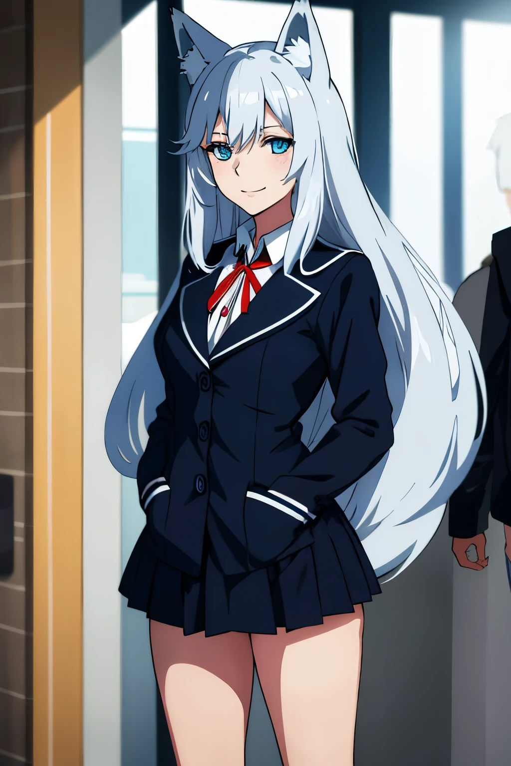 medium tits, teenage, best quality, (masterpiece:1.2), highly detailed, street, sailor uniform
1girl, looking at viewer, slight smile, blue eyes, medium hair, indoor, silver hair, fox ears, fox tails