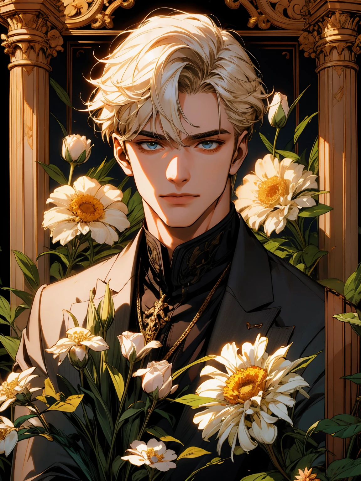 masterpiece, collage of man holding flowers, blond hair, black hair, white hair