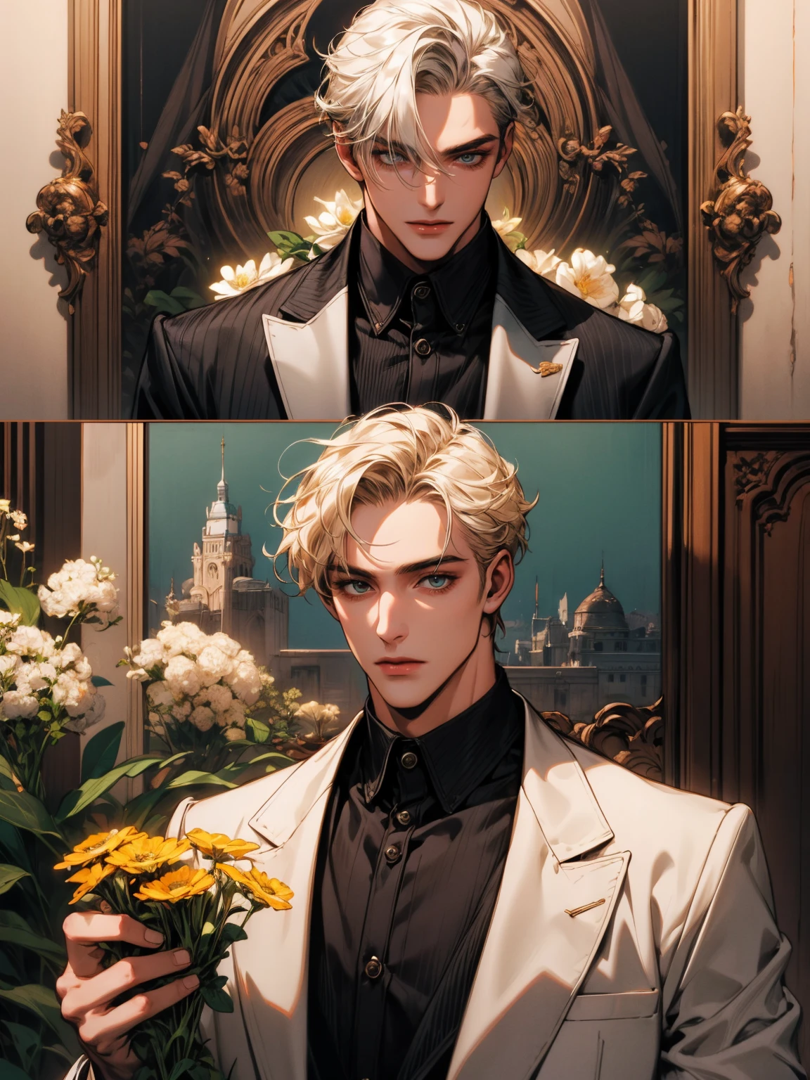 masterpiece, collage of man holding flowers, blond hair, black hair, white hair