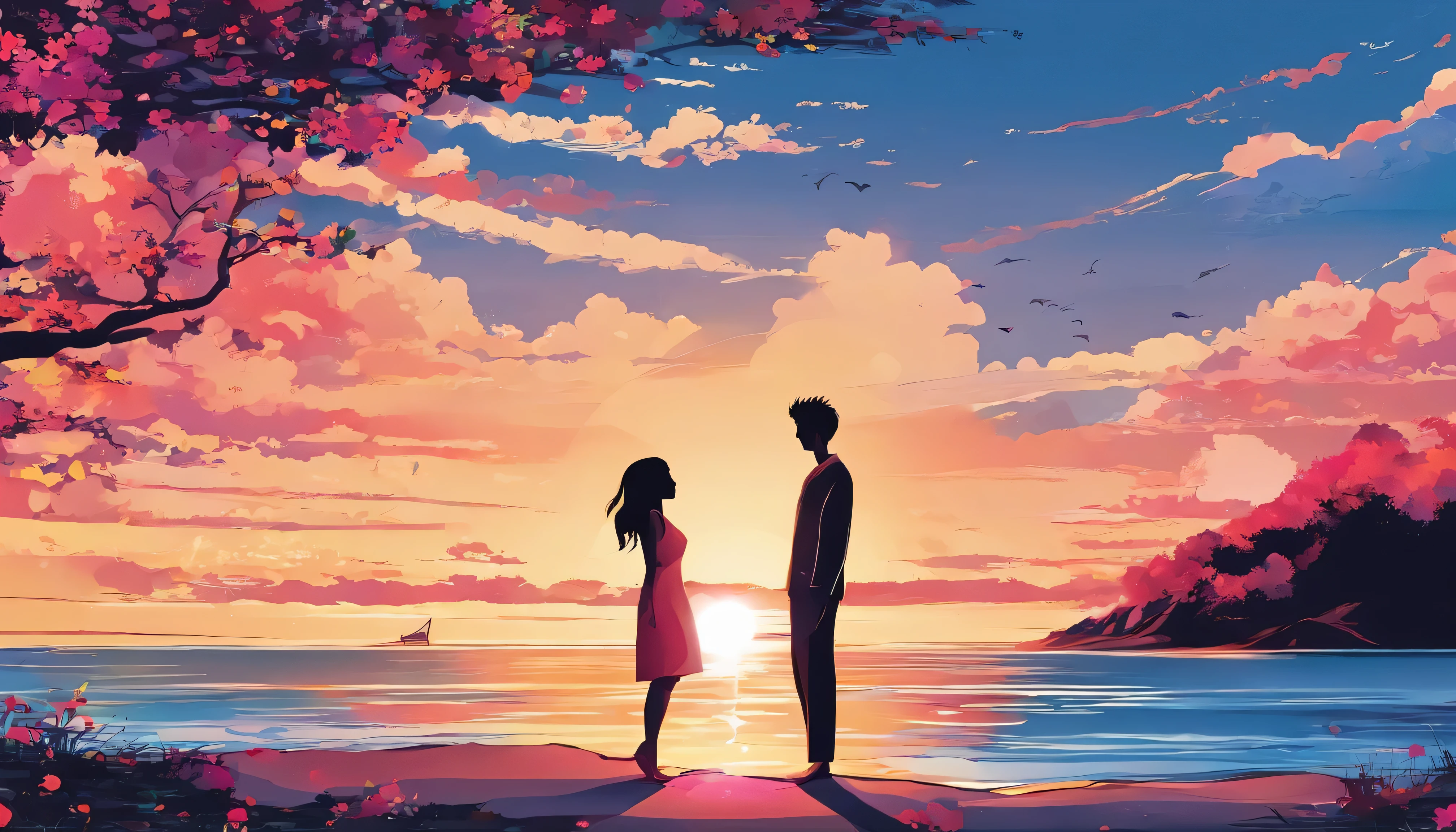 A man and a woman kiss by the sea in the sunset