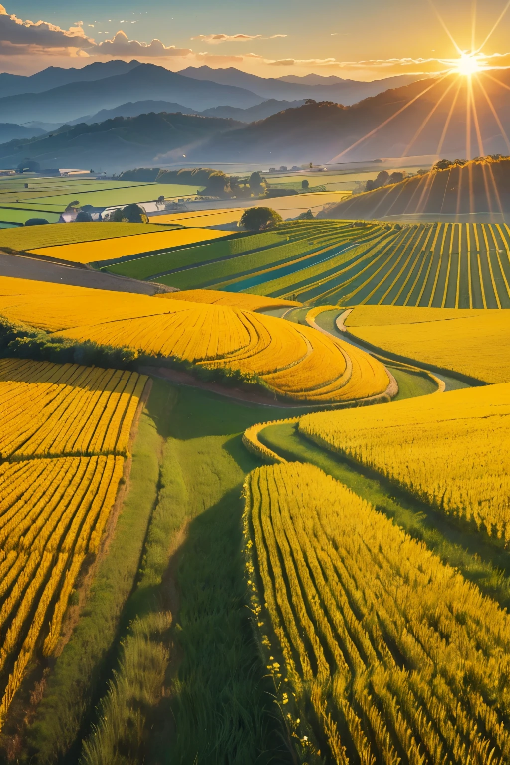 generate vibrant and serene images inspired by the poem: "Let the paddy field be yellow and gold, let the flowers bloom, let the birds among the clouds fly, let the sun shine, let the wind cool, let my dear friends and companions be healthy." field of yellow paddy with sun shining in the background, beautiful myanmar countryside, sunny landscape, filtered evening light, rays of sunshine, detailed fields nature, dramatic warm morning light, a beautiful landscape, by Thomas Häfner, beautiful scenery, summer morning light, stunning scenery, clouds and fields in background, shining golden hour, a group of birds flying among clouds