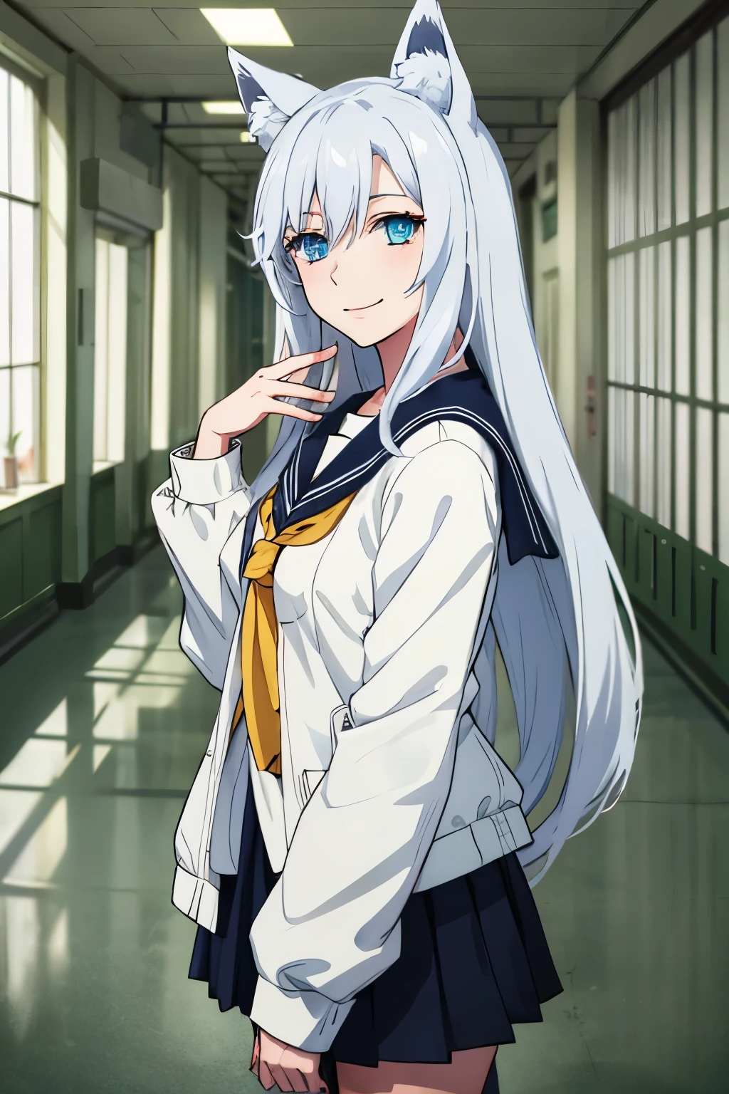 medium tits, teenage, best quality, (masterpiece:1.2), highly detailed, street, sailor uniform
1girl, looking at viewer, slight smile, blue eyes, medium hair, indoor, silver hair, fox ears, fox tail