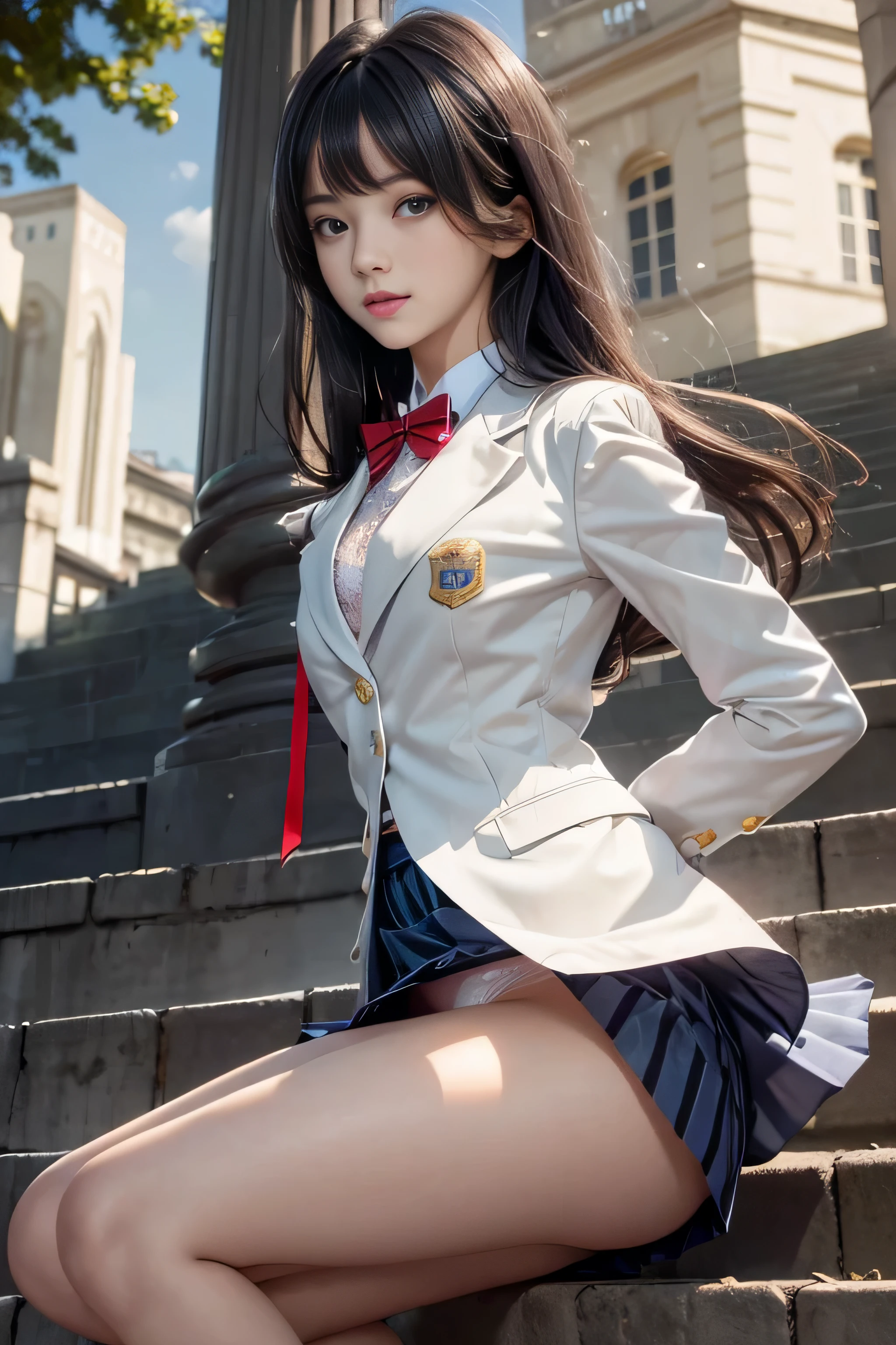 (Girl Standing On School Steps),1 girl, dark blue hair, bangs, long hair, sparkling eyes, long eyelashes, compensate, light smile, Depth of written boundary, one person'perspective, close, from below, wide angle, f/1.8, 135mm, canon, nffsw, retina, table top, Accurate, anatomically correct, rough skin, Super detailed, advanced details, high quality, 最high quality, High resolution, 1080P, 4K, 8K,(学校の階段を上るFemale student),46ポイントの斜めbangs,Female student、((uniform: White blazer with emblem on the chest))、translucent white blouse、(red bow tie)、(( In bright colors,Check stripe)()、laughter,((Skirt soars in the wind)),((White lace panties are visible))、