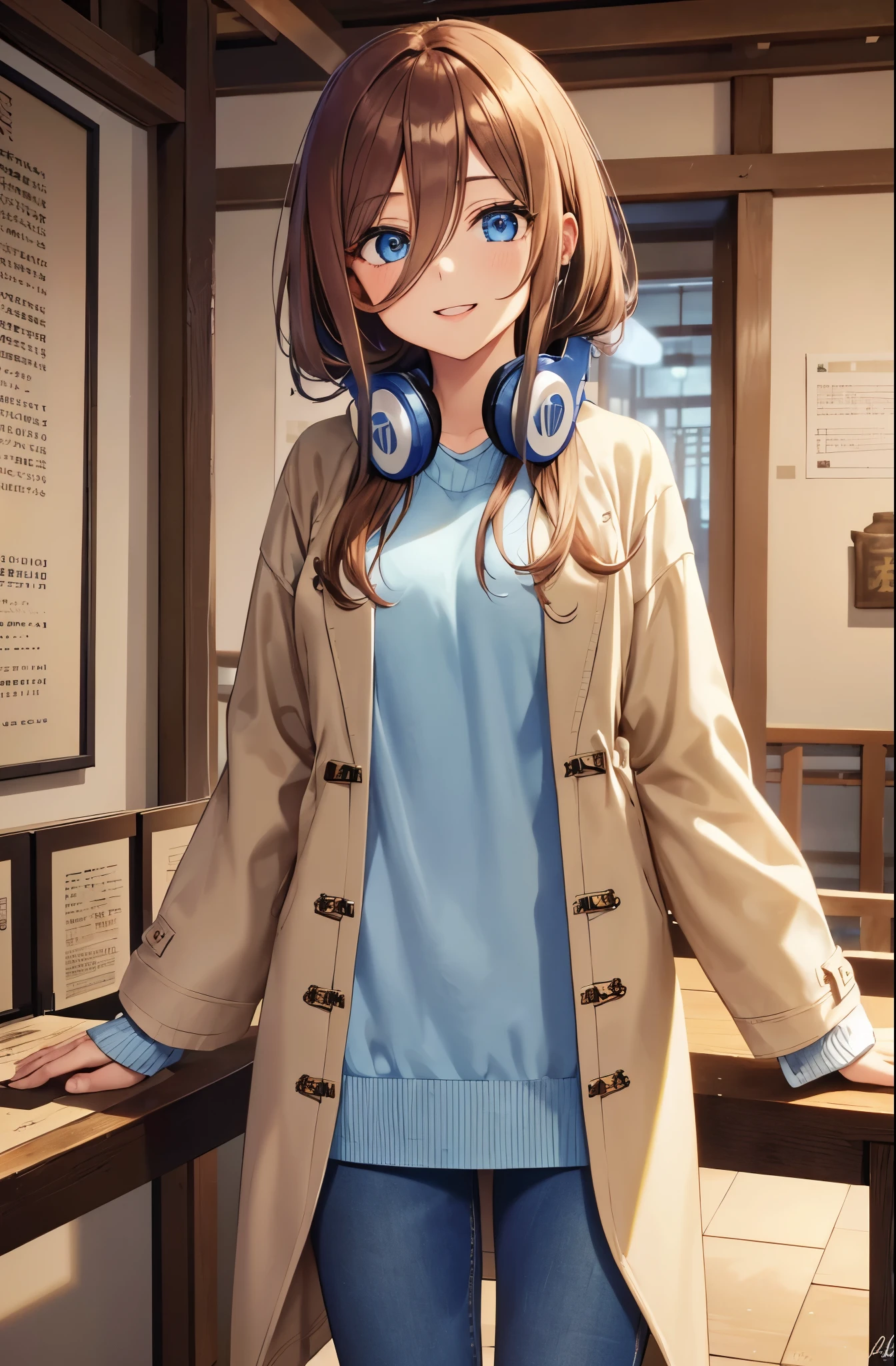 Miku Nakano, Miku Nakano, medium long hair, bangs, blue eyes, hair between eyes, brown hair, (light blue sweater:1.3), (jeans:1.3), , (Beige long coat:1.3), (Blue headphones:1.2), Wear the headphones around your neck, highest quality, High resolution, unity 8k wallpaper, (beautiful and detailed eyes:1.4), highly detailed face, perfect lighting, (perfect hands, perfect anatomy), cowboy shot, (Sengoku Museum:1.3), (history museum:1.3), best smile,