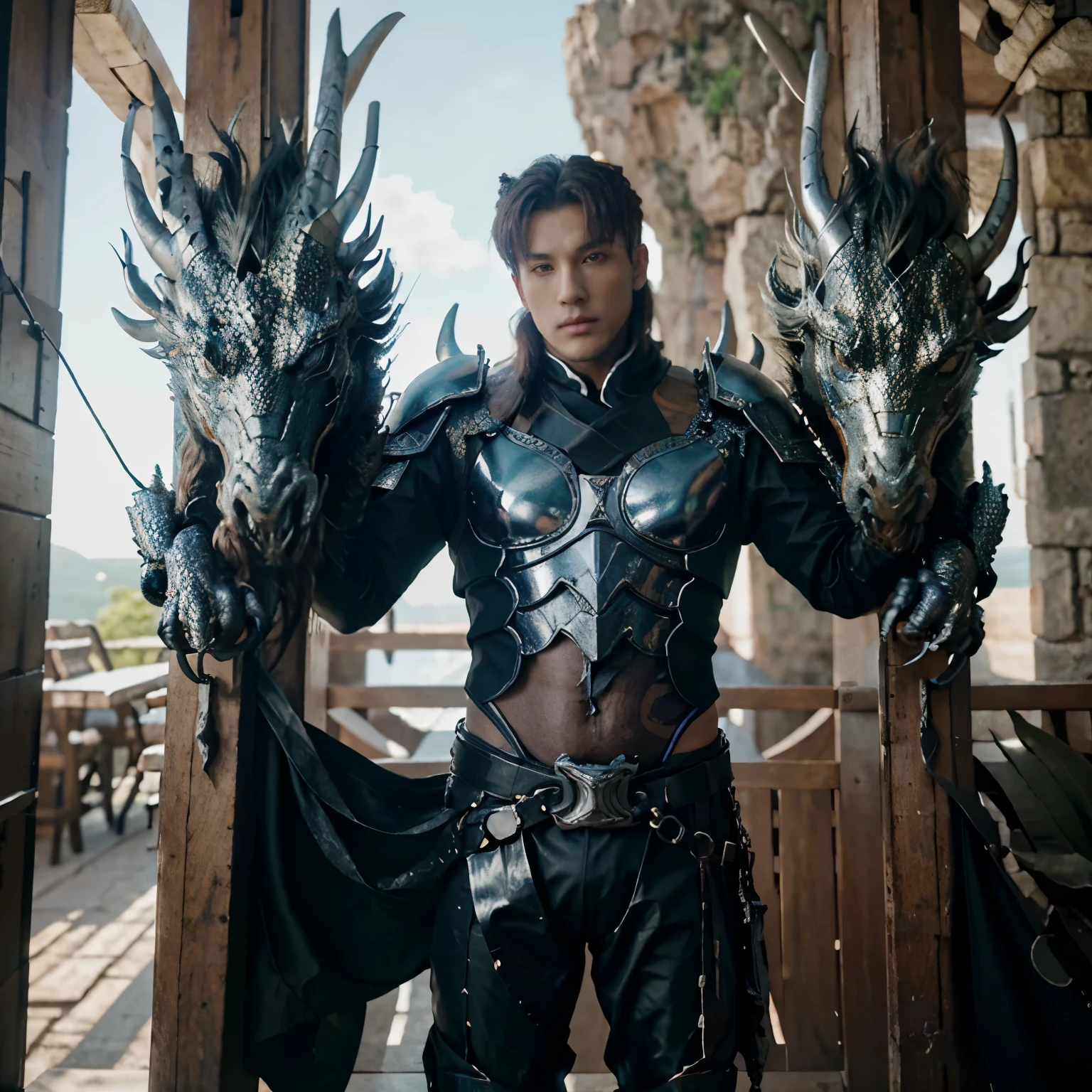 Choi San Ateez, rosto San Ateez, homem com armadura medieval, abdomen, metallic reflections, tronco, bonito, King of Dragons, Galactic Scenery, dragon in the background. Cabelo branco. Choi San Ateez, White dragon in the background.