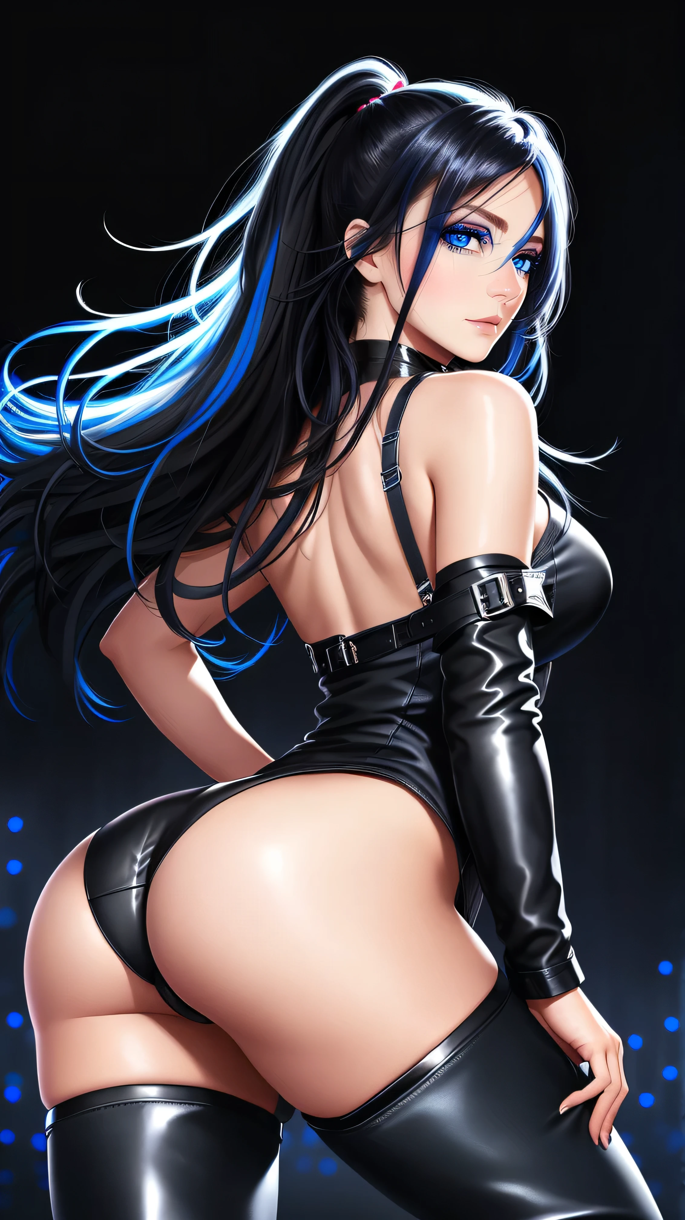 beautiful girl, full body, looking over shoulder, bright blue neon streaked dishevelled hair, ((large light realistic detailed eyes:1.3)), ((seductive pose:1.5)), ((nice :1.4)), black eyeshadow, (street style wear:1.2), ((tight fitted pan ((thigh high leather boots:1.3)), ((dark plain black background:1.4)), dark makeup, digital art, trending on artstation, highly detailed, fine detail, intricate, beautiful detailed glow, detailed, Cinematic light, high-res, detailed facial features, sharp focus, smooth, aesthetic,
