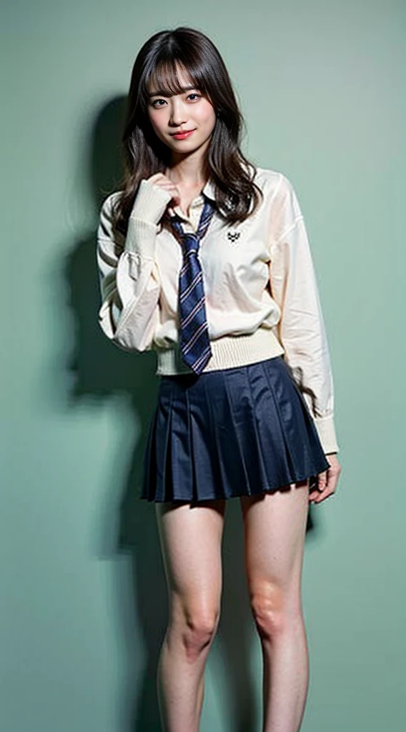 (8K、RAW photo、highest quality、masterpiece:1.2)、(realistic、Photoreal)、40 years、1 girl、I have a mole next to my eye、((White shirt with long sleeves、sailor suit、red tie、Below-the-knee length navy pleated skirt))、（high school girl）、The skirt is rolled up、gal、lots of eyelashes、glitter on eyelids、Dark Red Knee-High Socks、Skeletally correct、thighs open、wavy twintails、cute smile、sweaty body、attractive body beautiful perfect body、V-line emphasis、put your hands behind your head、Beautifully aligned fingertips、