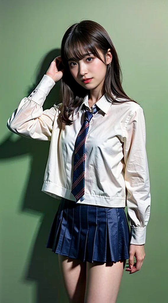 (8K、RAW photo、highest quality、masterpiece:1.2)、(realistic、Photoreal)、40 years、1 girl、I have a mole next to my eye、((White shirt with long sleeves、sailor suit、red tie、Below-the-knee length navy pleated skirt))、（high school girl）、The skirt is rolled up、gal、lots of eyelashes、glitter on eyelids、Dark Red Knee-High Socks、Skeletally correct、thighs open、wavy twintails、cute smile、sweaty body、attractive body beautiful perfect body、V-line emphasis、put your hands behind your head、Beautifully aligned fingertips、