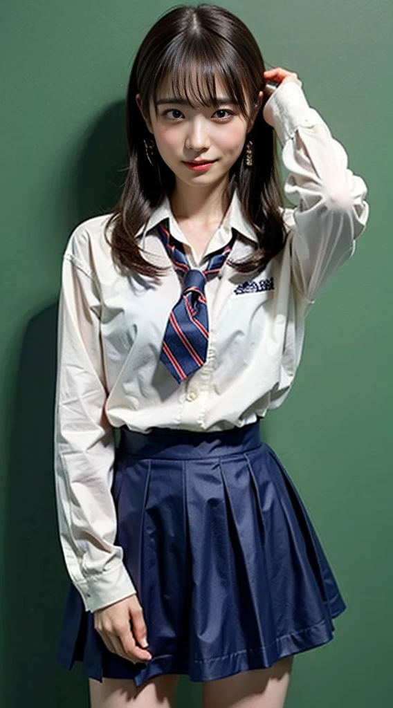 (8K、RAW photo、highest quality、masterpiece:1.2)、(realistic、Photoreal)、40 years、1 girl、I have a mole next to my eye、((White shirt with long sleeves、sailor suit、red tie、Below-the-knee length navy pleated skirt))、（high school girl）、The skirt is rolled up、gal、lots of eyelashes、glitter on eyelids、Dark Red Knee-High Socks、Skeletally correct、thighs open、wavy twintails、cute smile、sweaty body、attractive body beautiful perfect body、V-line emphasis、put your hands behind your head、Beautifully aligned fingertips、