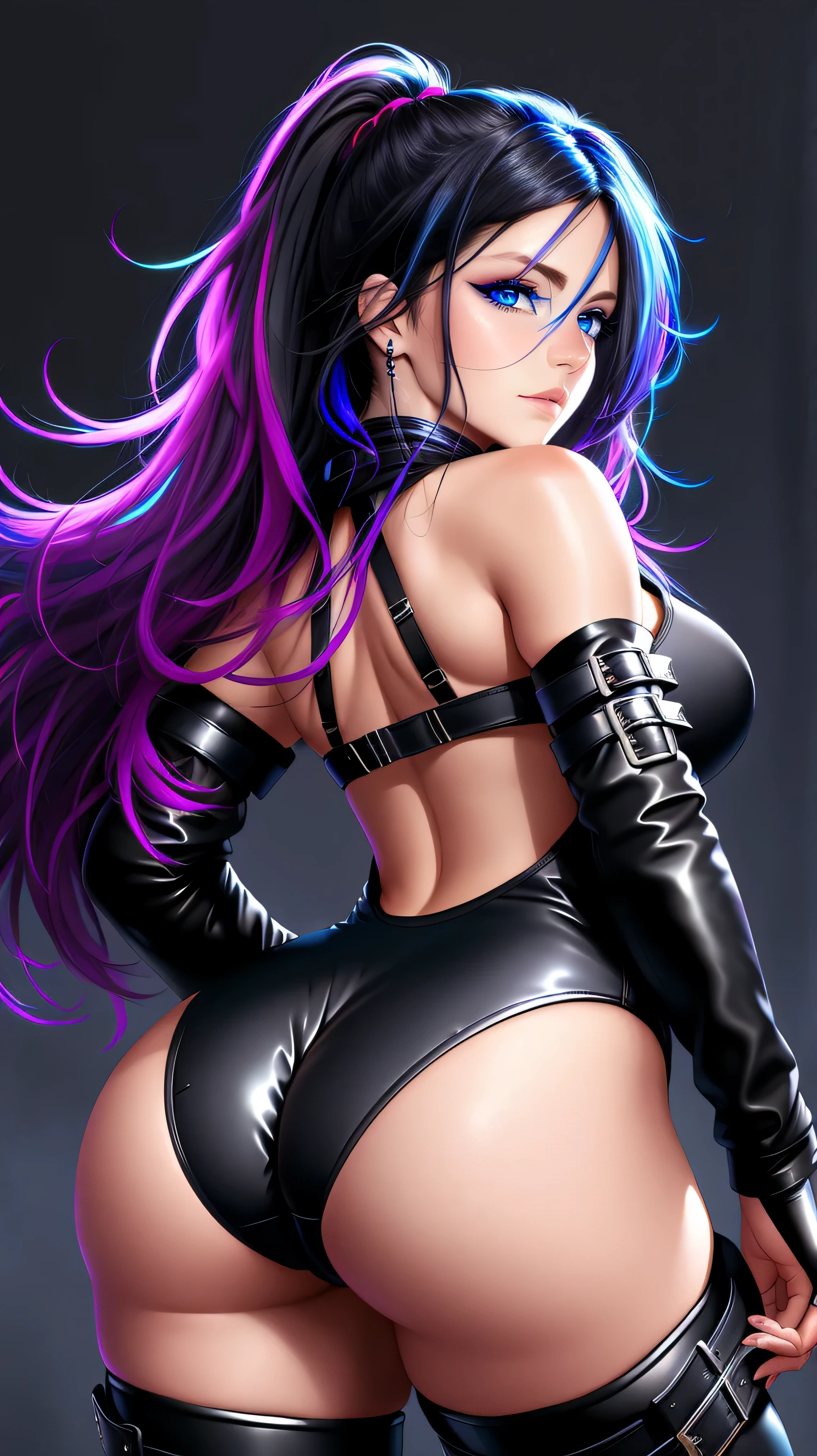beautiful girl, full body, looking over shoulder, bright blue neon streaked dishevelled hair, ((large light realistic detailed eyes:1.3)), ((seductive pose:1.5)), ((nice ass:1.4)), black eyeshadow, (street style wear:1.2), ((tight fitted panties)), ((thigh high leather boots:1.3)), ((dark plain black background:1.4)), dark makeup, digital art, trending on artstation, highly detailed, fine detail, intricate, beautiful detailed glow, detailed, Cinematic light, high-res, detailed facial features, sharp focus, smooth, aesthetic,