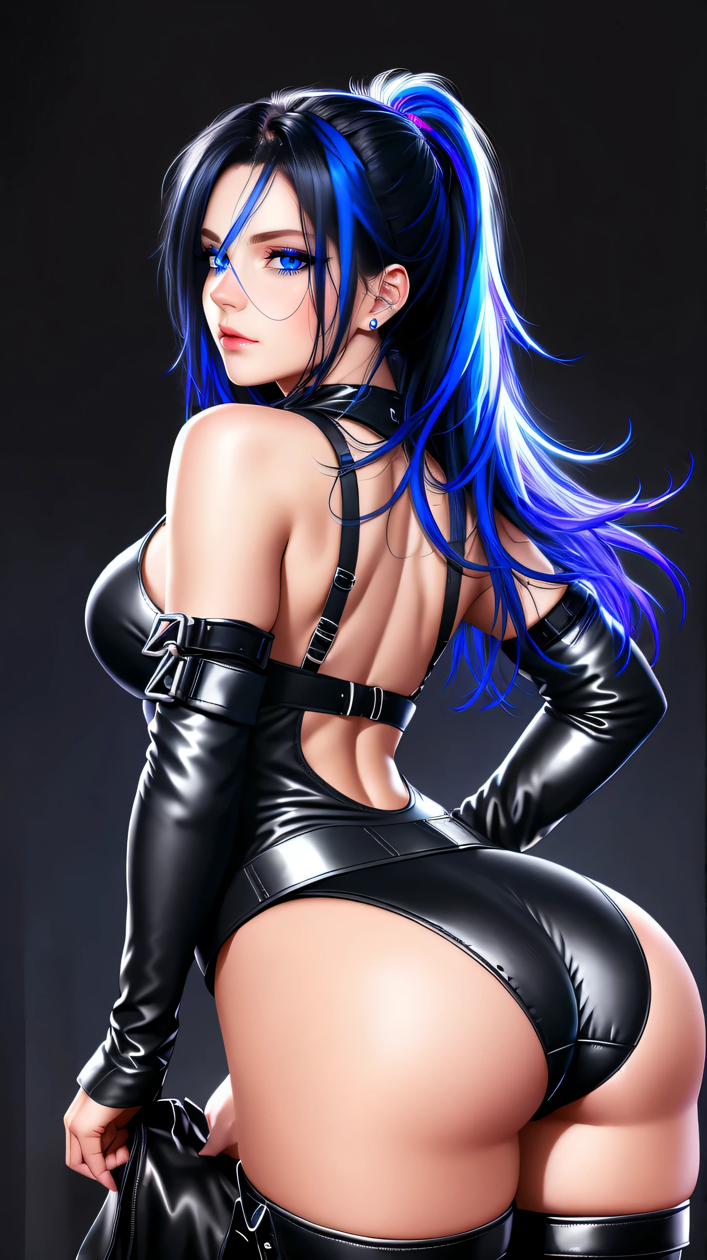 beautiful girl, full body, looking over shoulder, bright blue neon streaked dishevelled hair, ((large light realistic detailed eyes:1.3)), ((seductive pose:1.5)), ((nice ass:1.4)), black eyeshadow, (street style wear:1.2), ((tight fitted panties)), ((thigh high leather boots:1.3)),  ((dark plain black background:1.4)), dark makeup, digital art, trending on artstation, highly detailed, fine detail, intricate, beautiful detailed glow, detailed, Cinematic light, high-res, detailed facial features, sharp focus, smooth, aesthetic,