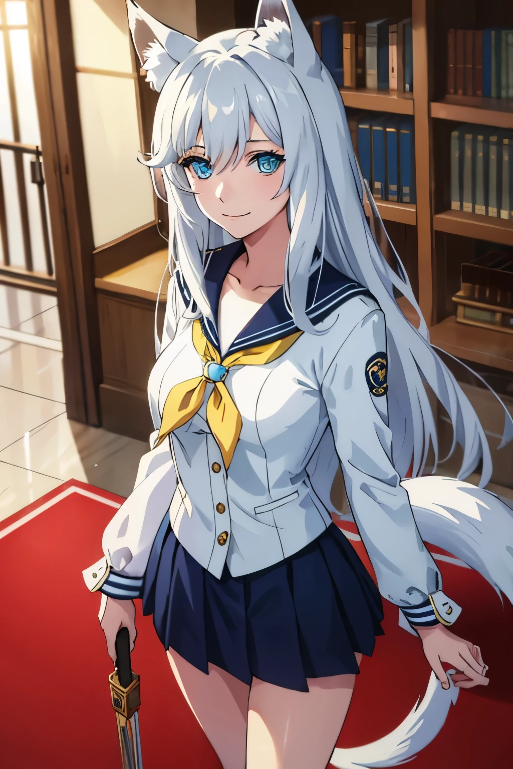 medium tits, teenage, best quality, (masterpiece:1.2), highly detailed, street, sailor uniform
1girl, looking at viewer, slight smile, blue eyes, medium hair, indoor, silver hair, fox ears, fox tail