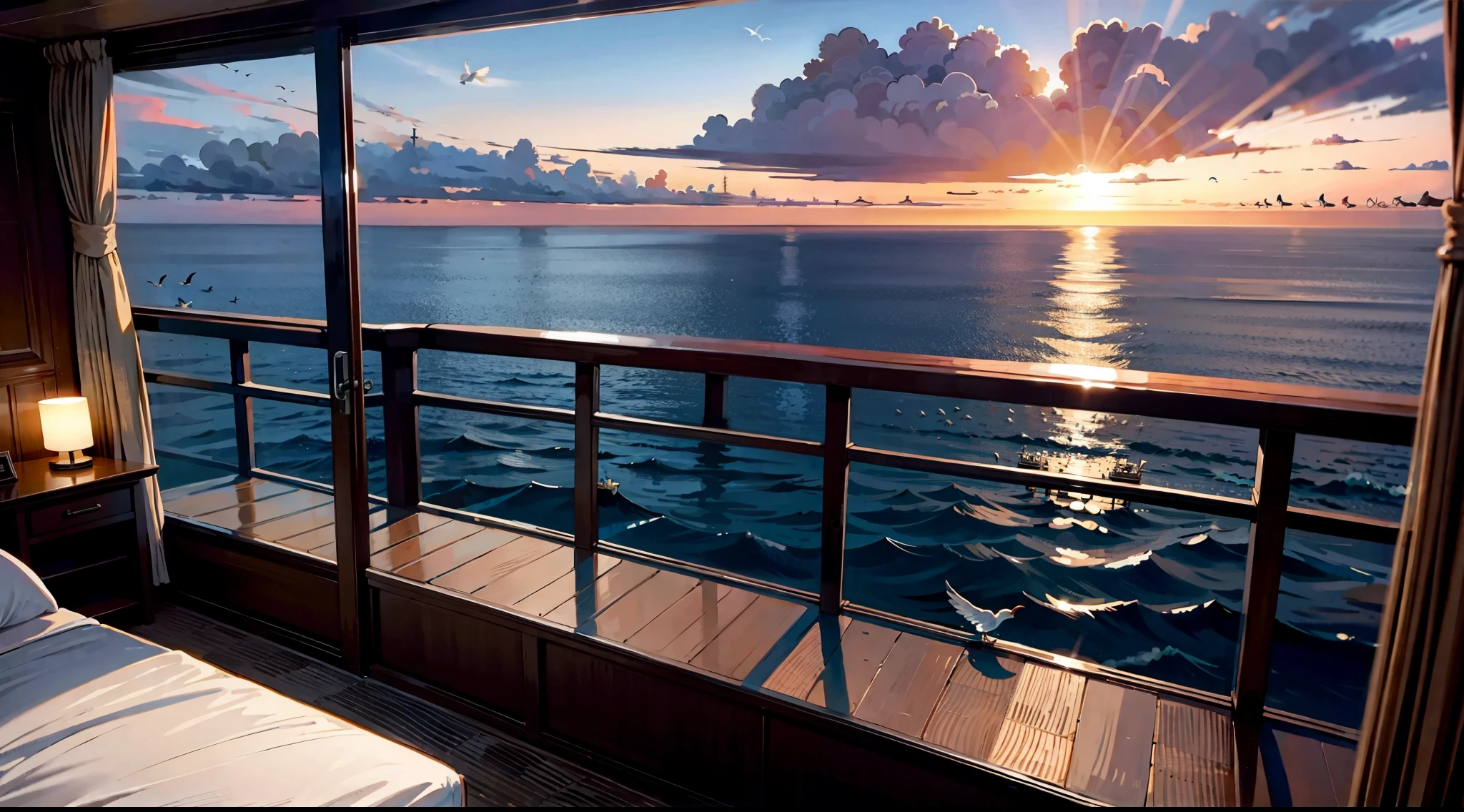 Ocean、Western buildings、Ocean岸、luxury liner、yacht、sunset、seagull