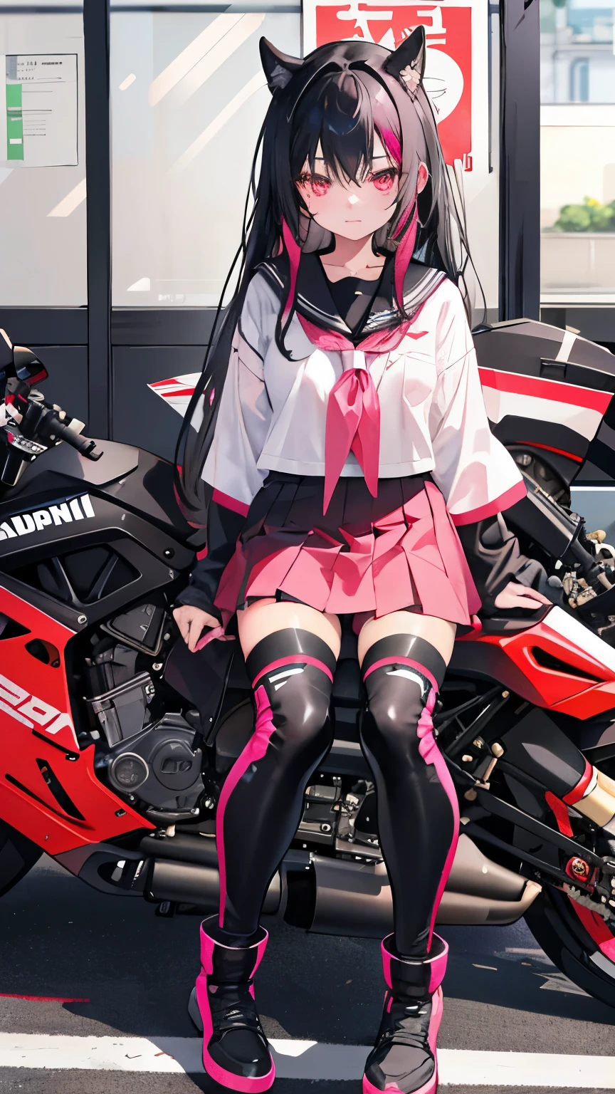 16 year old girl,long hair,Black hair with pink highlights,Don't tie your hair.,Japanese school uniform,black boots,bright pink eyes,tan skin,Big bike,Ducati Superbike, Ducati,Load the motorcycle