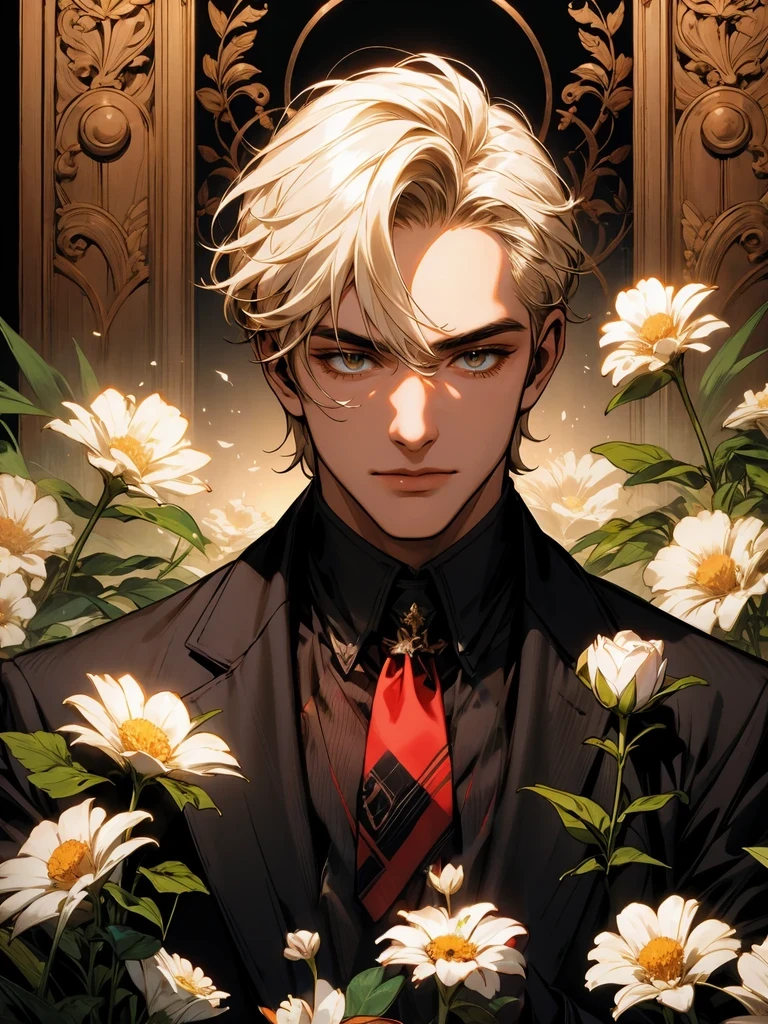 masterpiece, collage of man holding flowers, blond hair, black hair, white hair