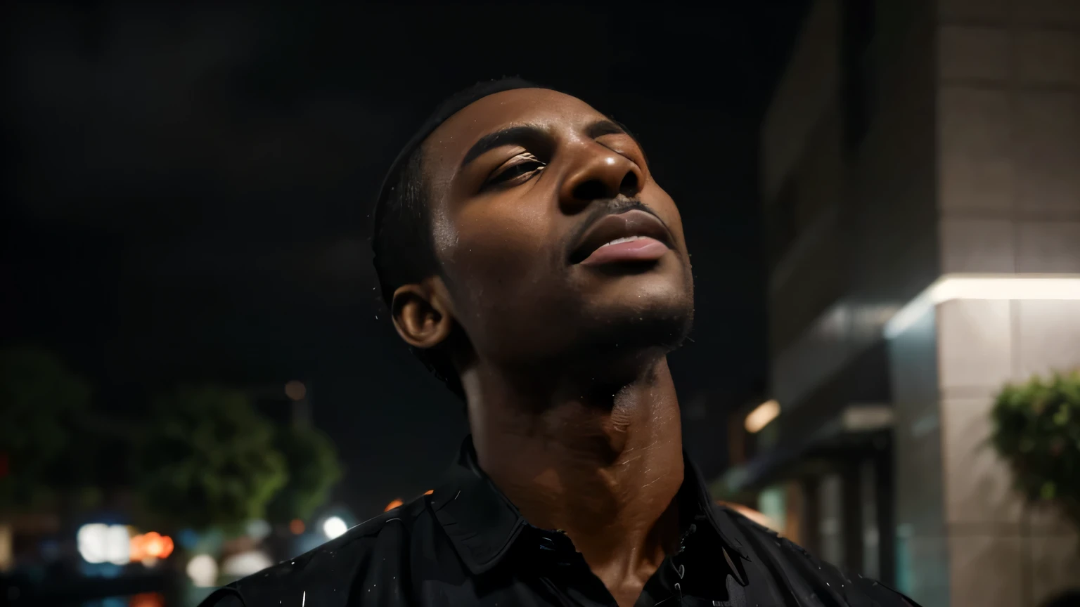 Craft a 4K hyper-realistic, stunning image of a handsome african man aged 32. dressed in black shirt, lost in thought, placed his finger on his forehead and looking up in the rain. ((looking upwards)), dull weather, without sunlight, street view