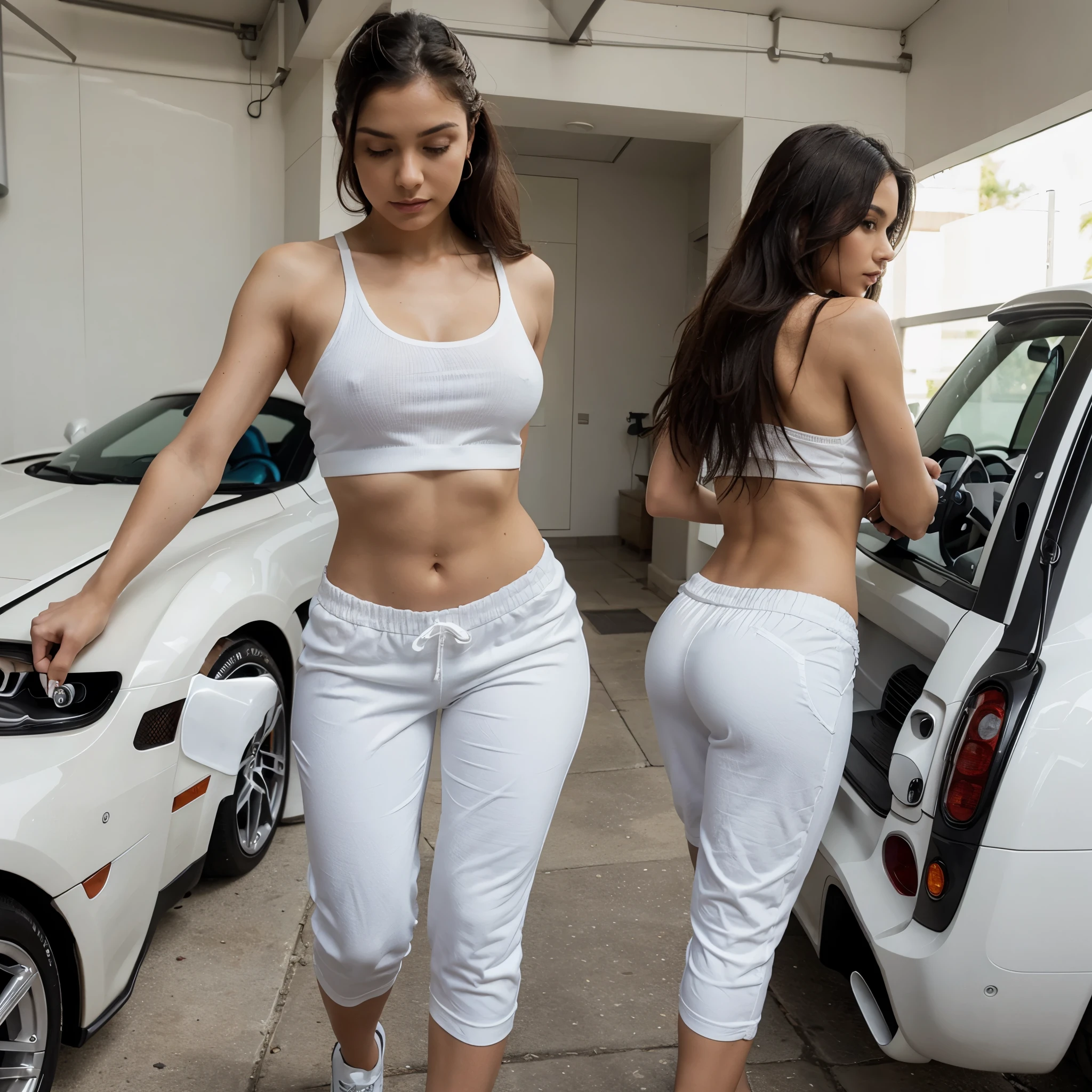 sexy latin woman wearing white short pants, gym pants, washing Bugatti sport car 