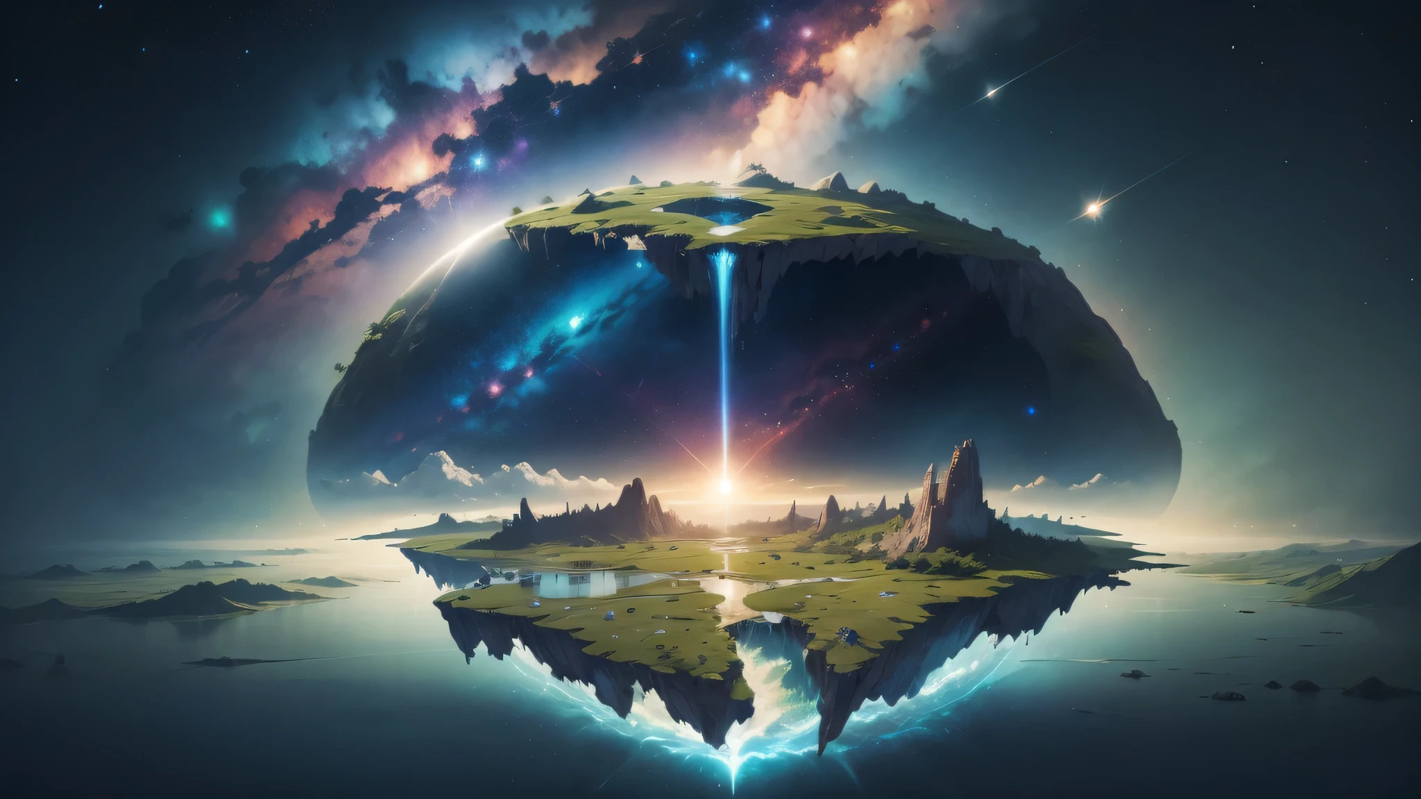 An island in the air,The background is the starry sky and the universe